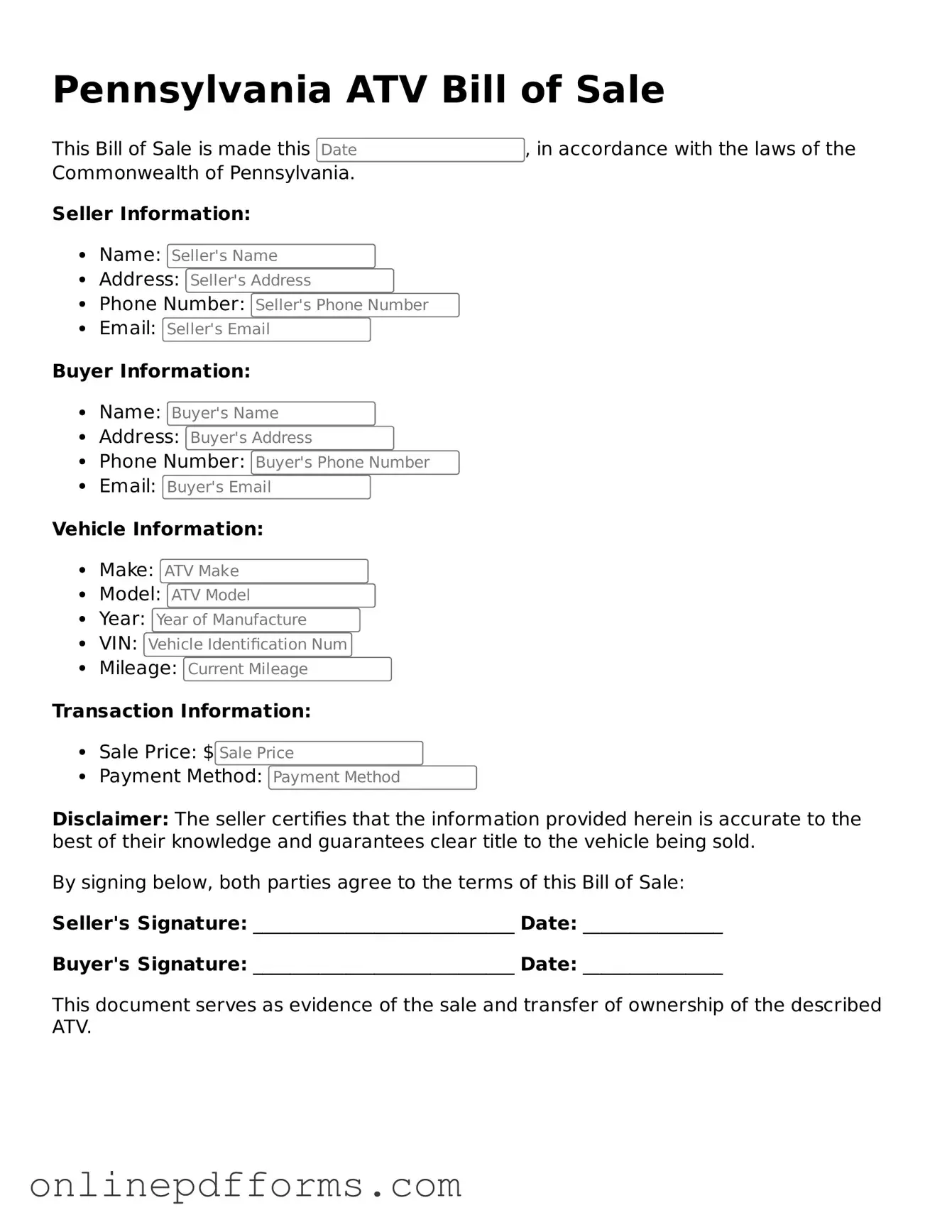 Blank Pennsylvania ATV Bill of Sale Form