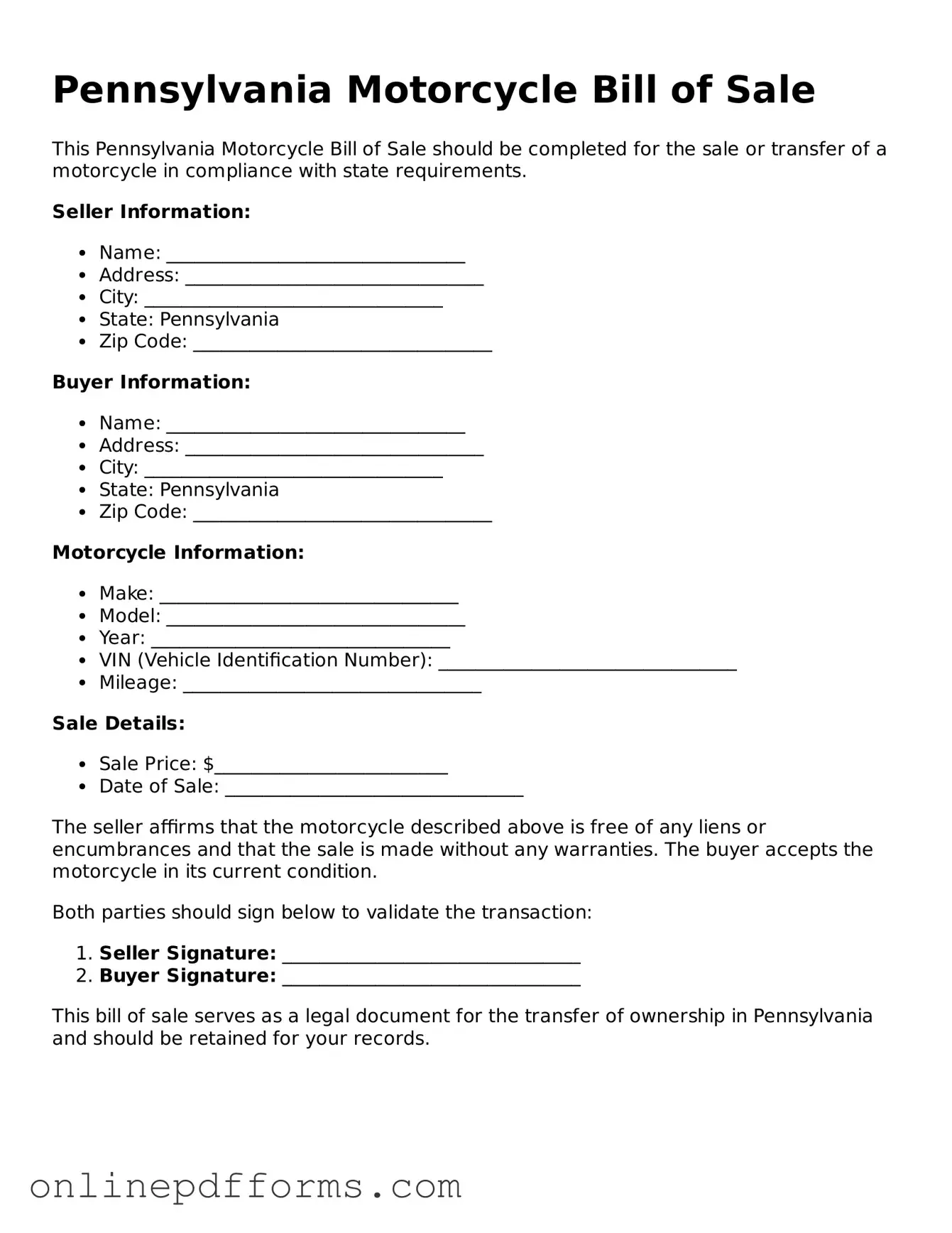 Blank Pennsylvania Motorcycle Bill of Sale Form