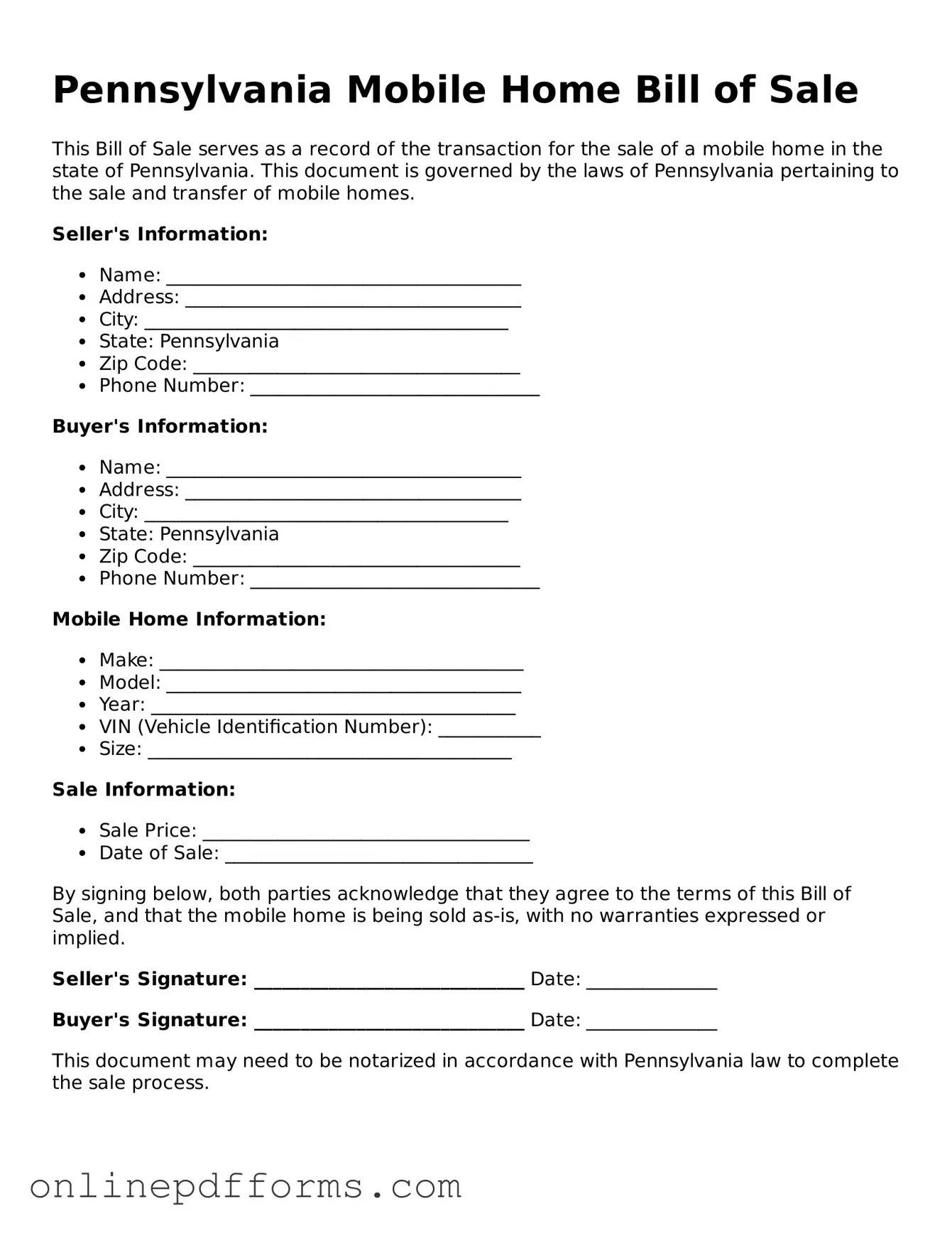 Blank Pennsylvania Mobile Home Bill of Sale Form