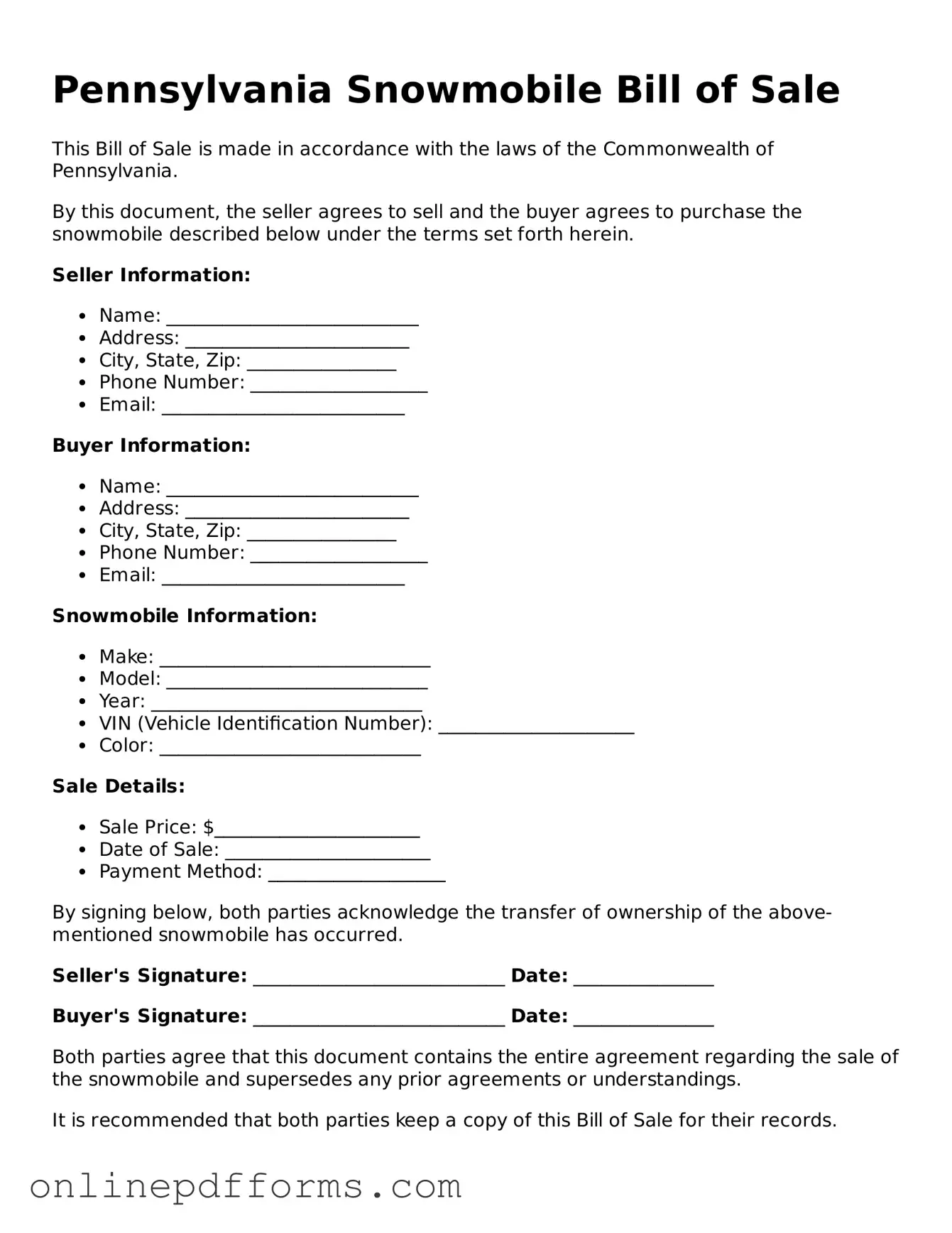 Blank Pennsylvania Snowmobile Bill of Sale Form