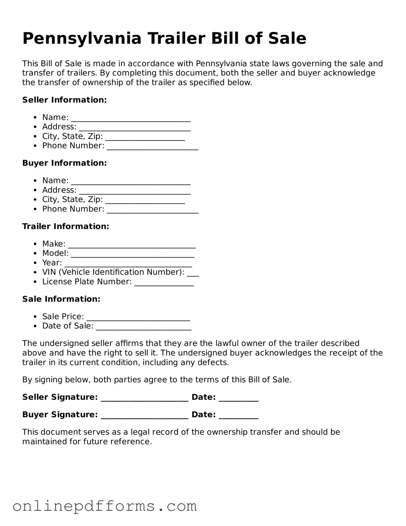 Blank Pennsylvania Trailer Bill of Sale Form