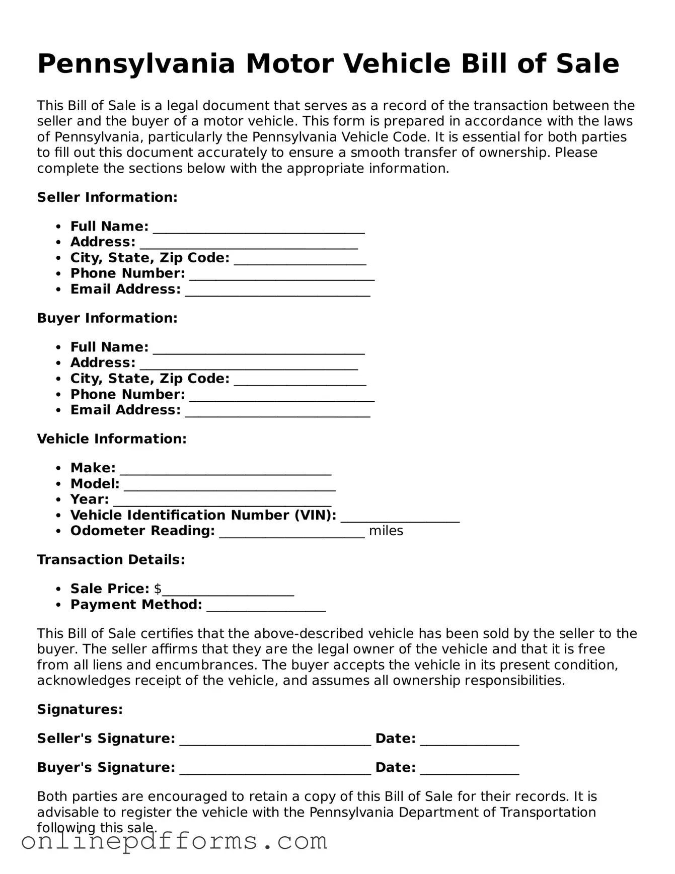 Blank Pennsylvania Motor Vehicle Bill of Sale Form
