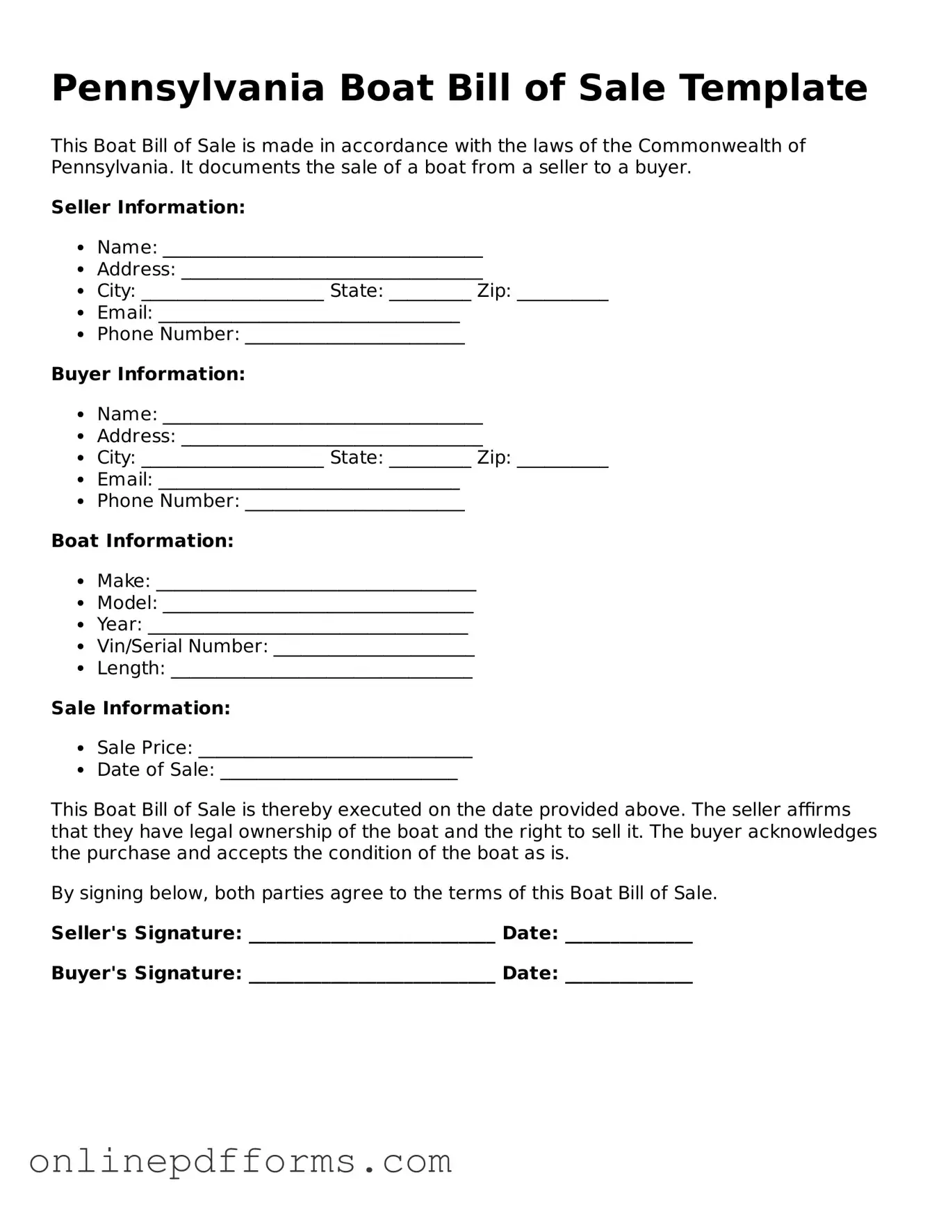 Blank Pennsylvania Boat Bill of Sale Form