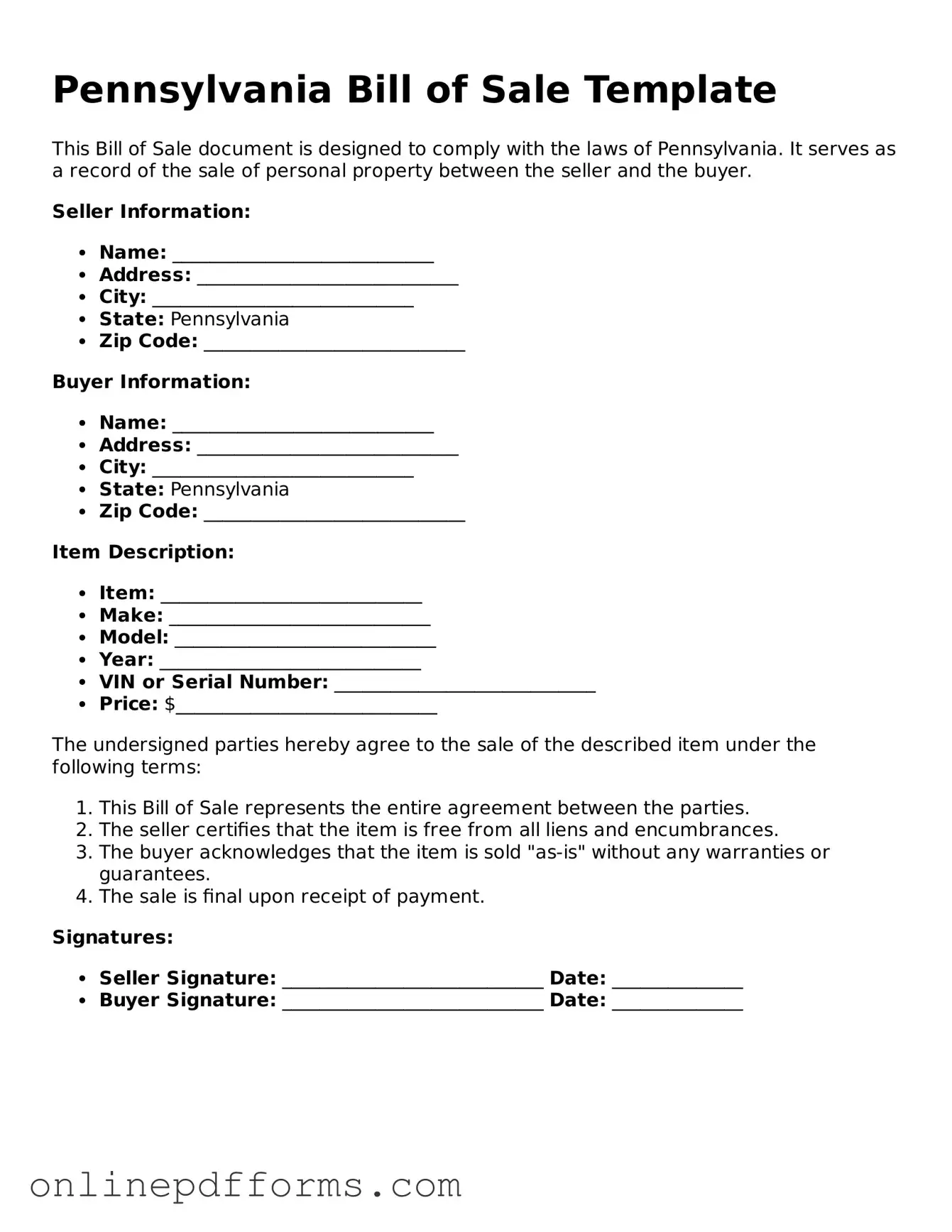 Blank Pennsylvania Bill of Sale Form