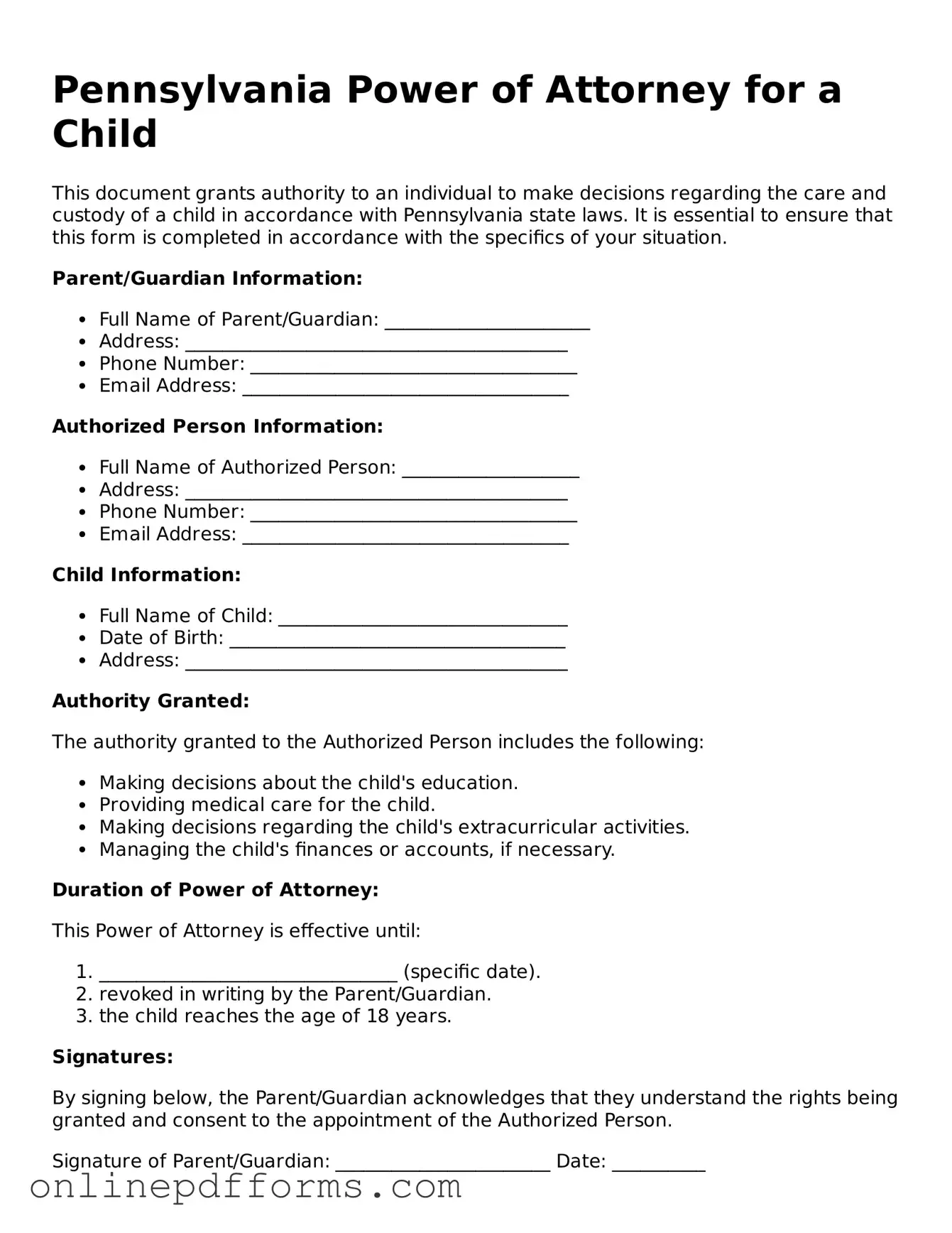 Blank Pennsylvania Power of Attorney for a Child Form