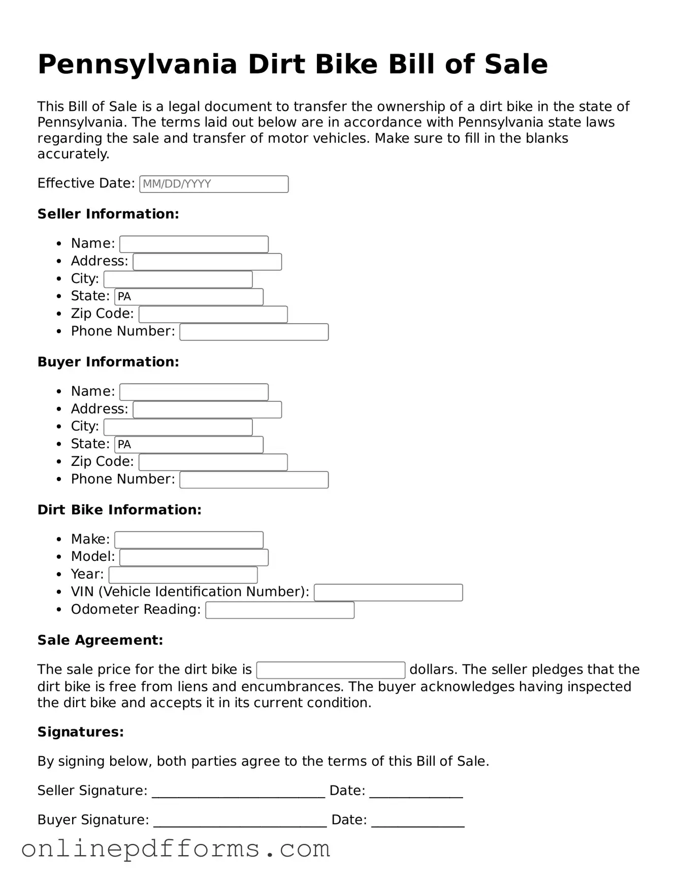 Blank Pennsylvania Dirt Bike Bill of Sale Form