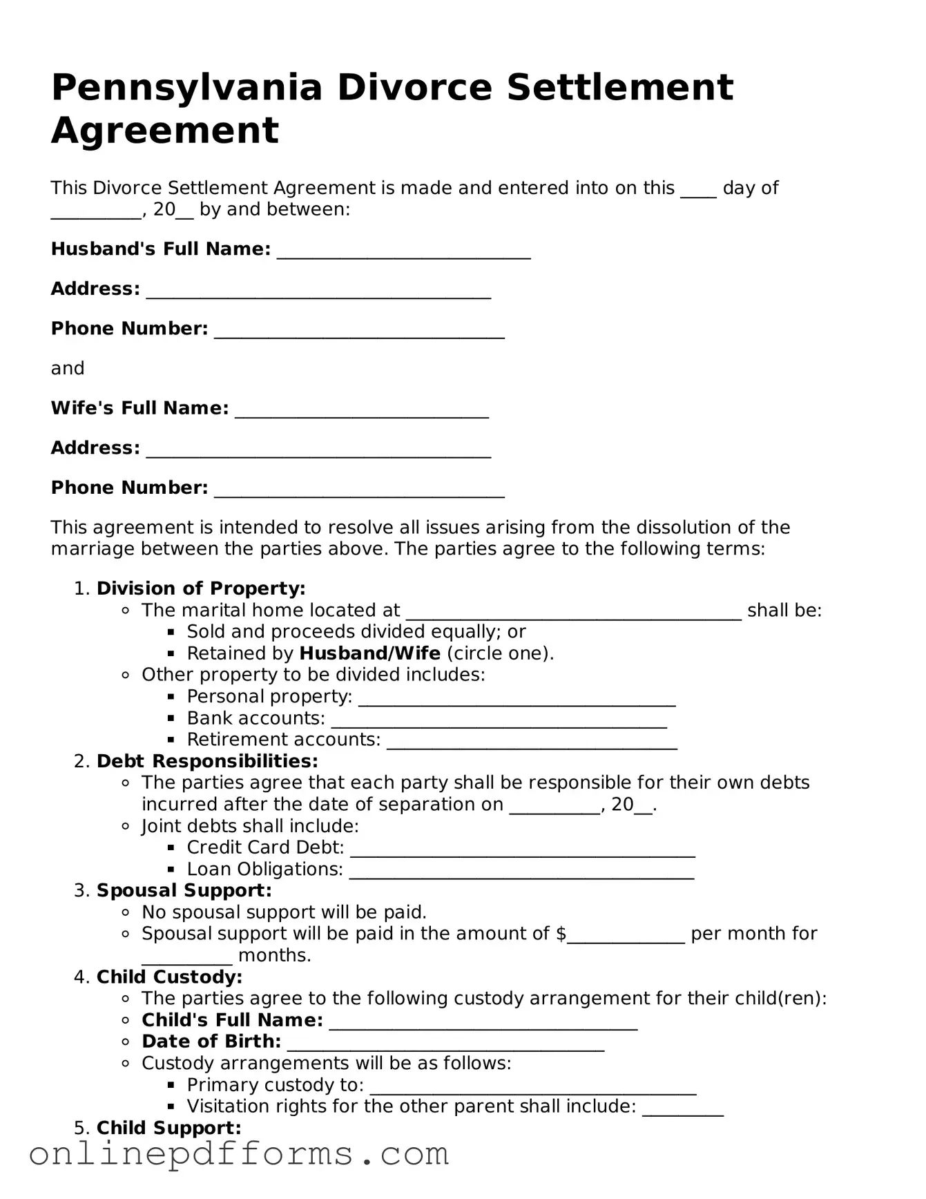 Blank Pennsylvania Divorce Settlement Agreement Form