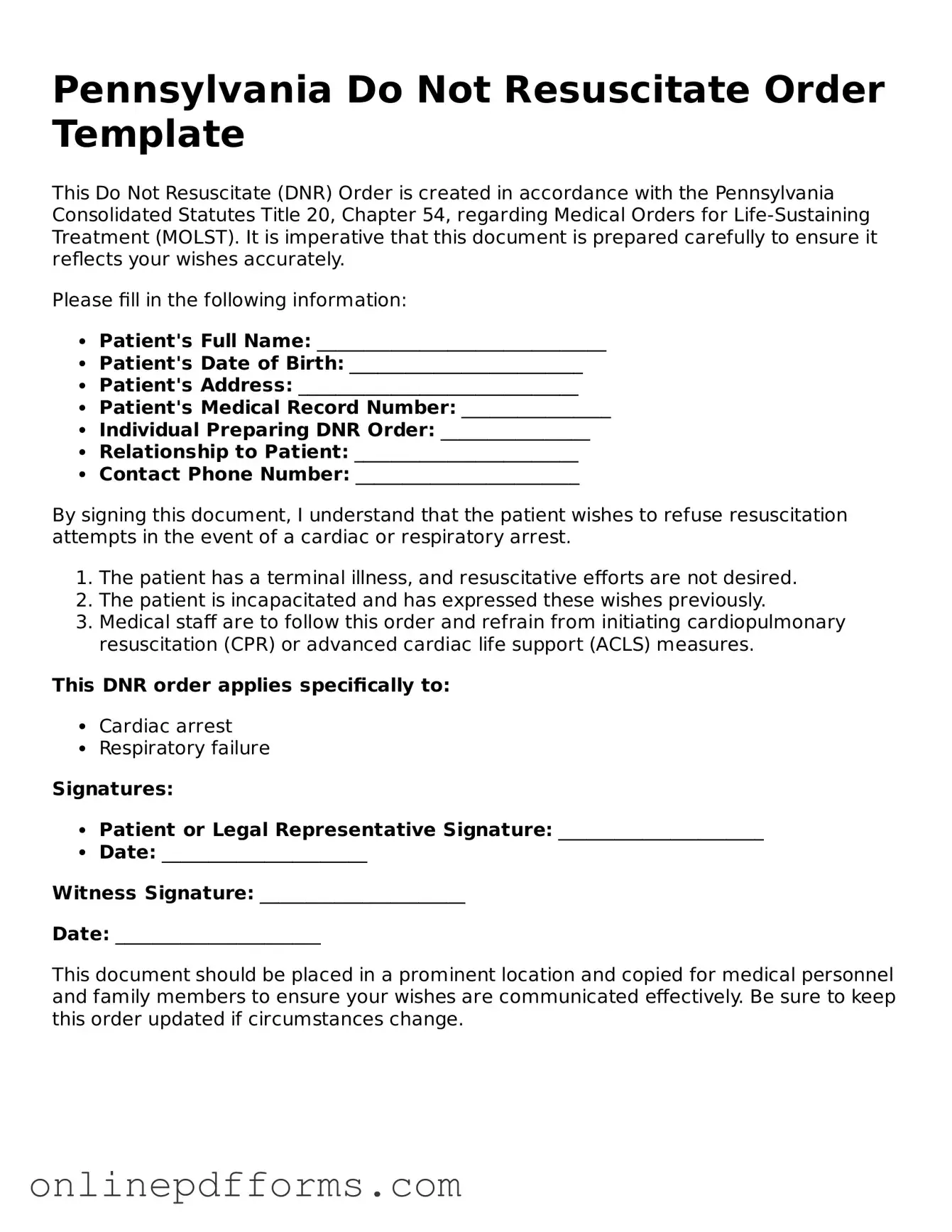 Blank Pennsylvania Do Not Resuscitate Order Form