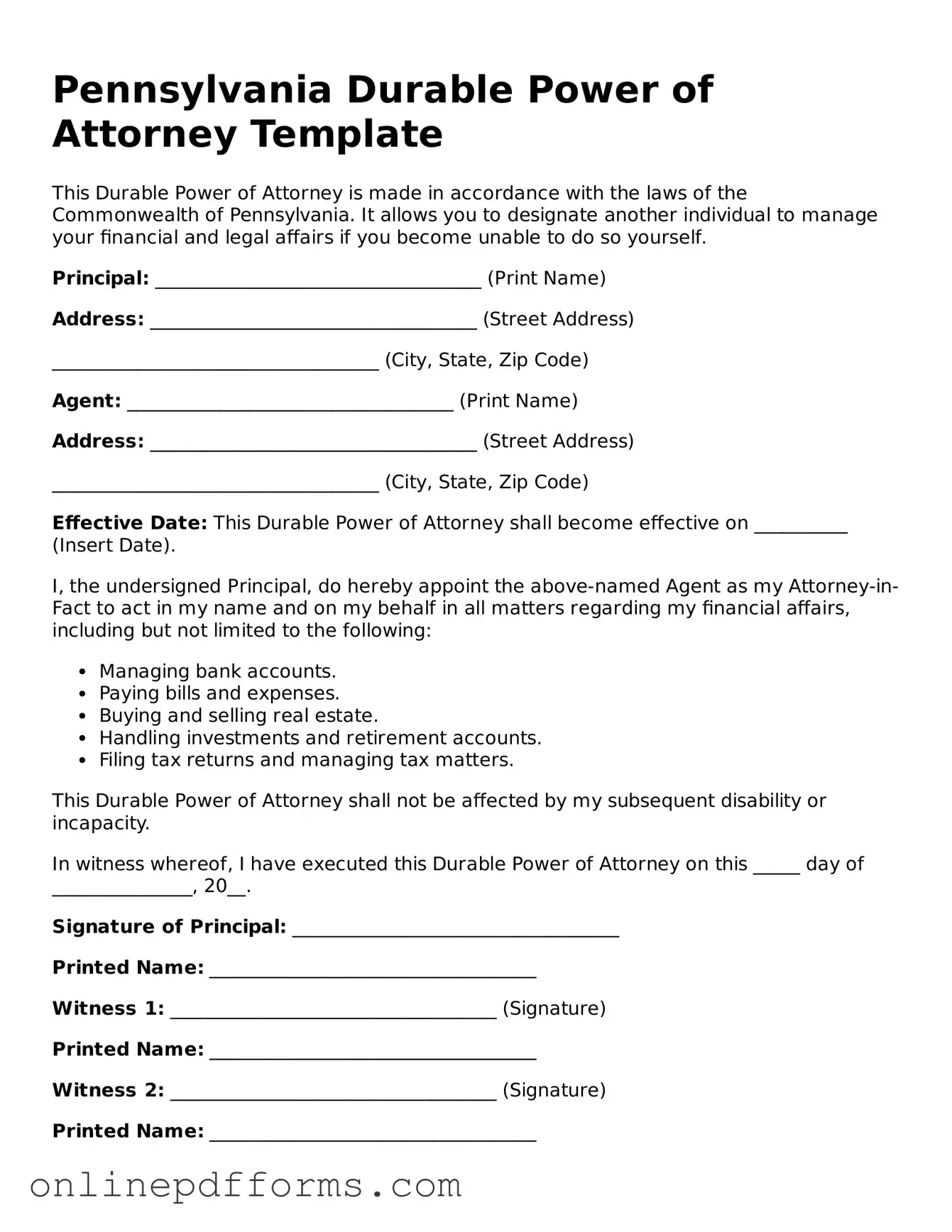 Blank Pennsylvania Durable Power of Attorney Form