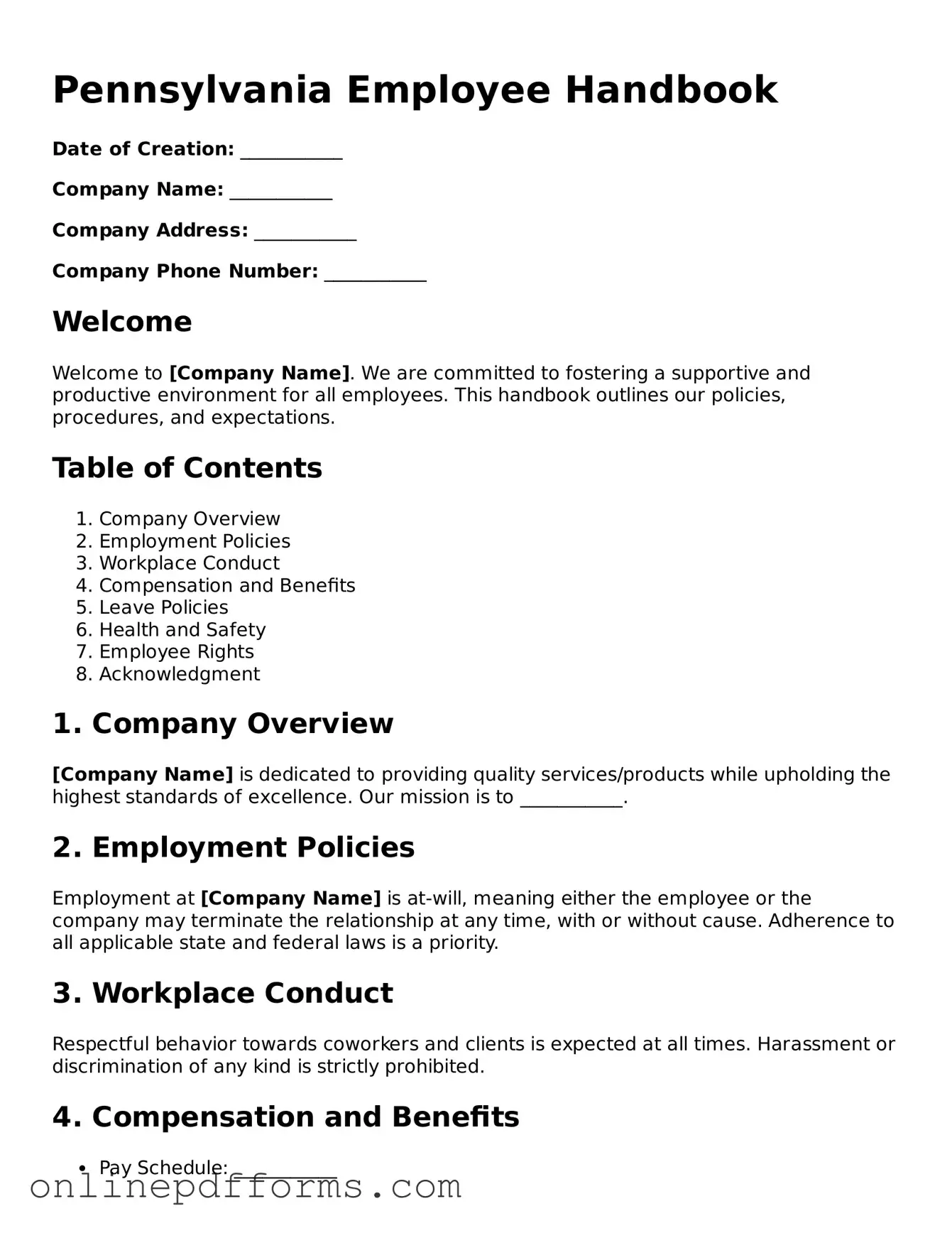 Blank Pennsylvania Employee Handbook Form