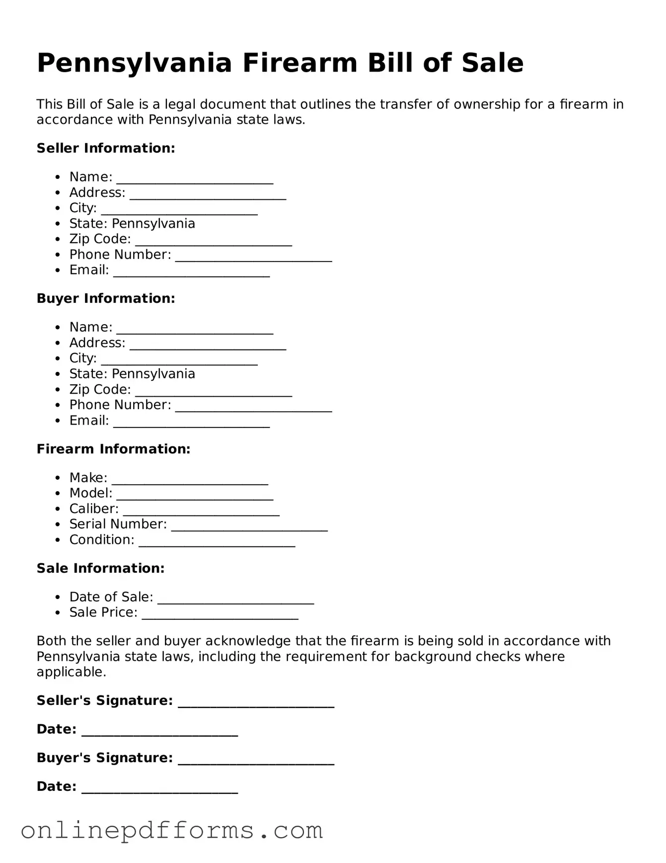 Blank Pennsylvania Firearm Bill of Sale Form