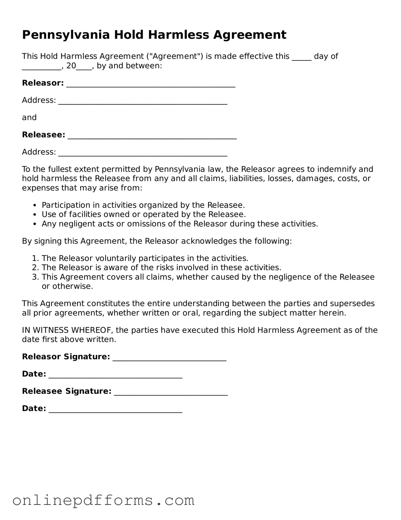 Blank Pennsylvania Hold Harmless Agreement Form