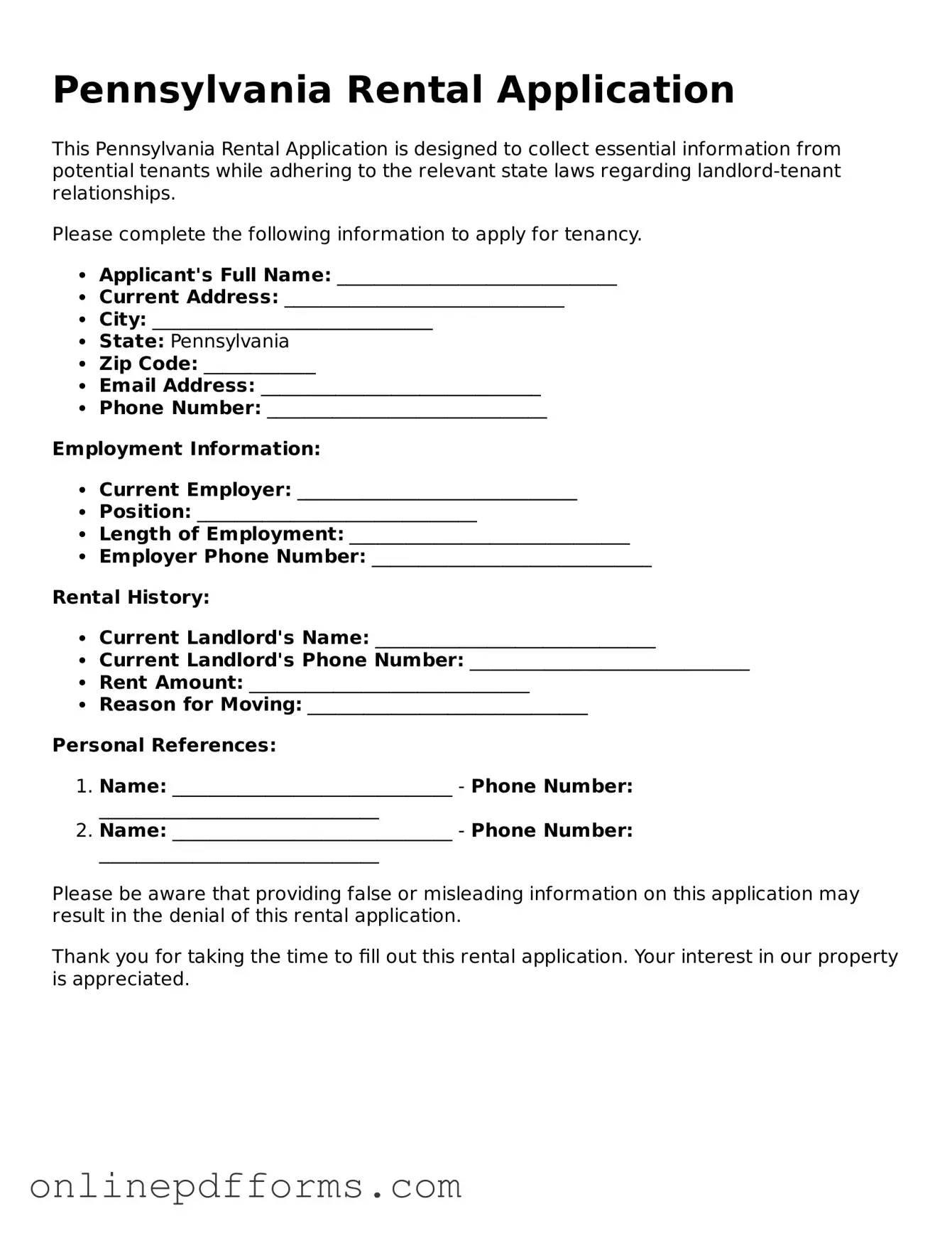 Blank Pennsylvania Rental Application Form