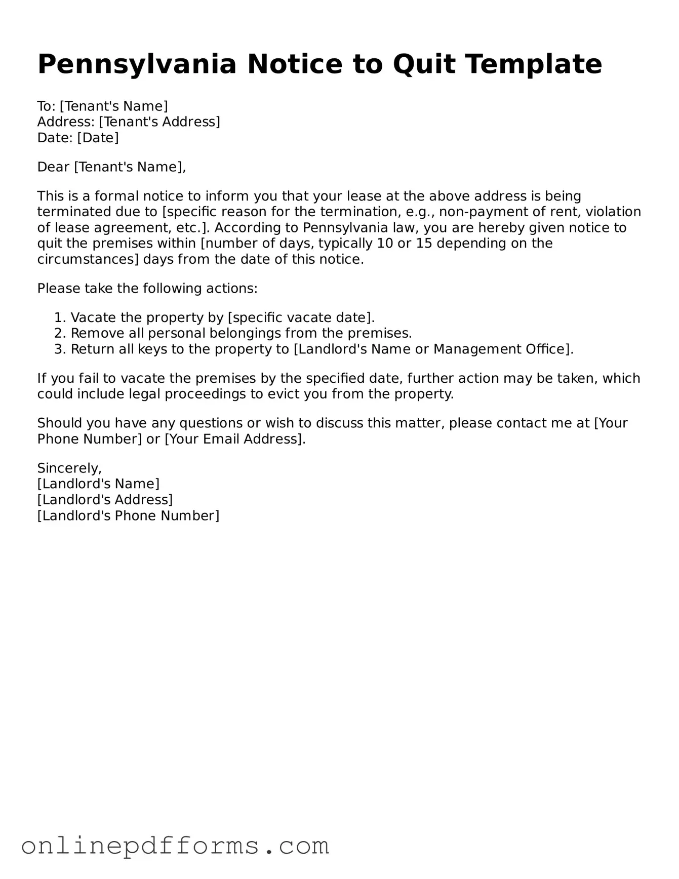 Blank Pennsylvania Notice to Quit Form