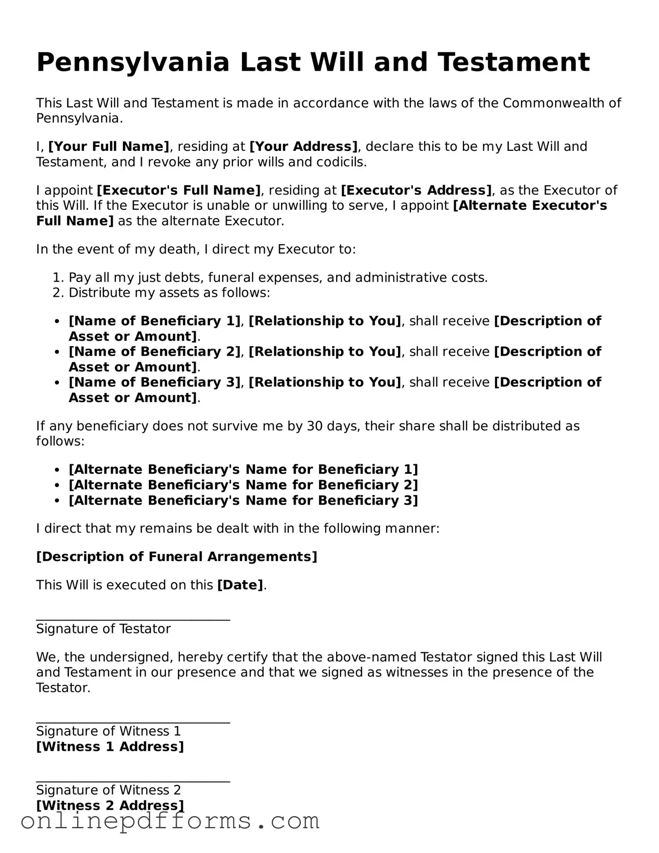 Blank Pennsylvania Last Will and Testament Form