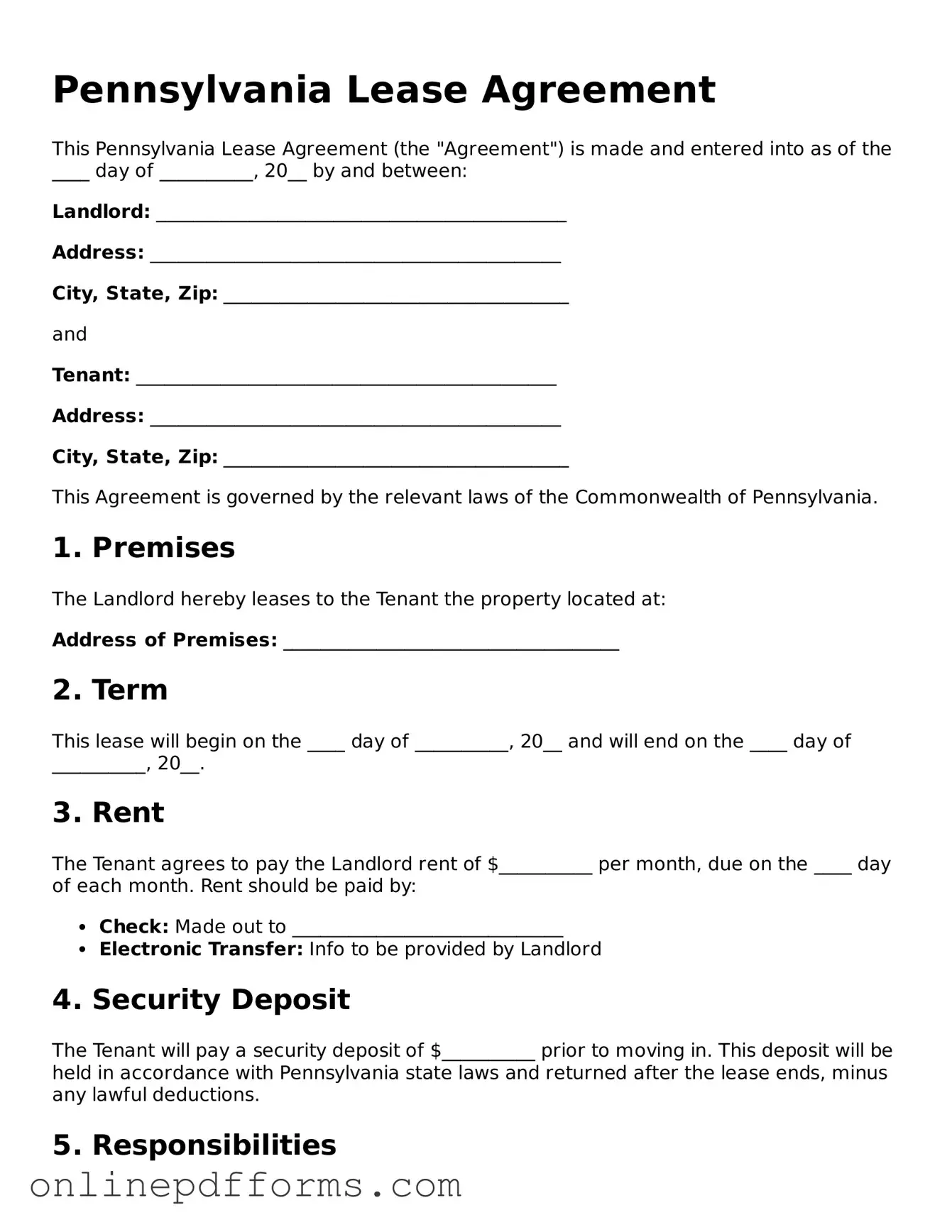Blank Pennsylvania Lease Agreement Form