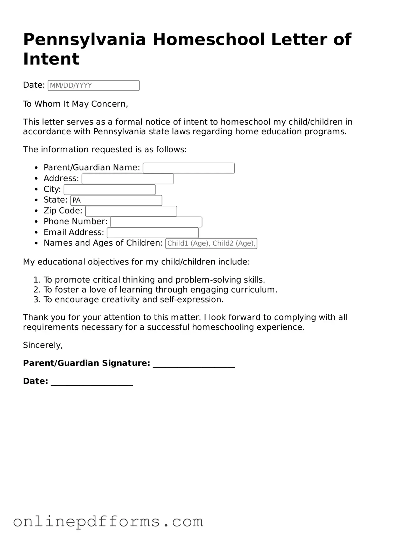 Blank Pennsylvania Homeschool Letter of Intent Form