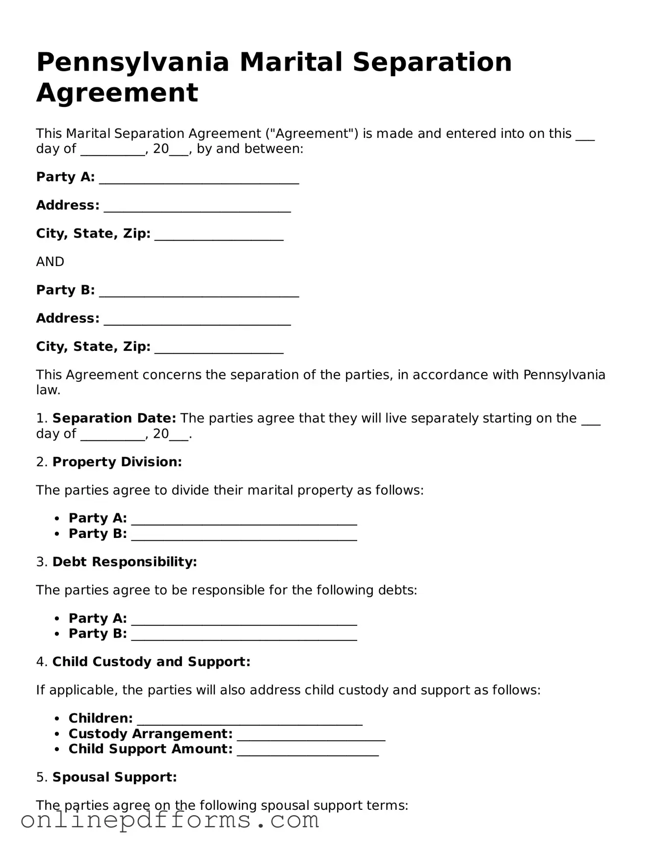 Blank Pennsylvania Marital Separation Agreement Form