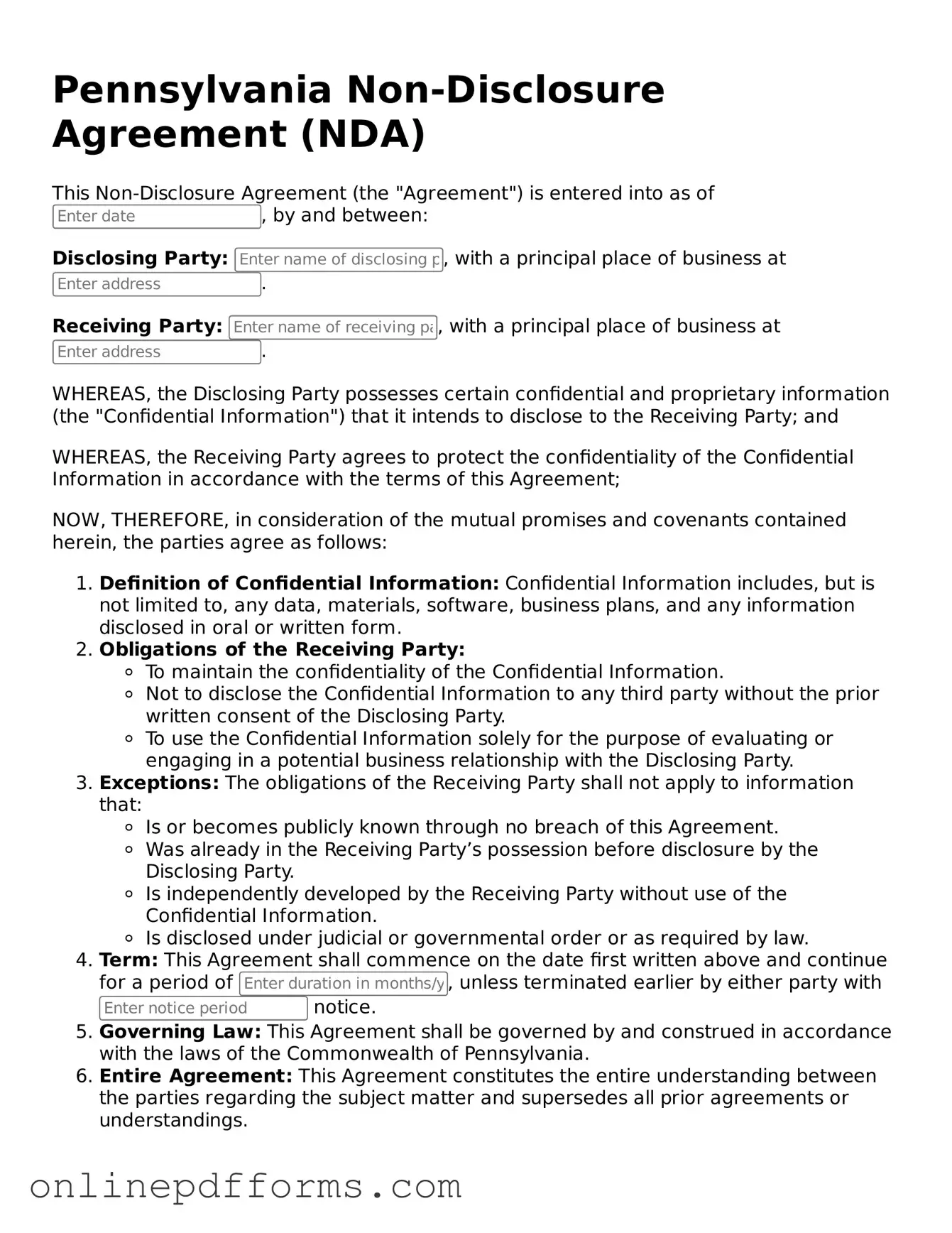 Blank Pennsylvania Non-disclosure Agreement Form