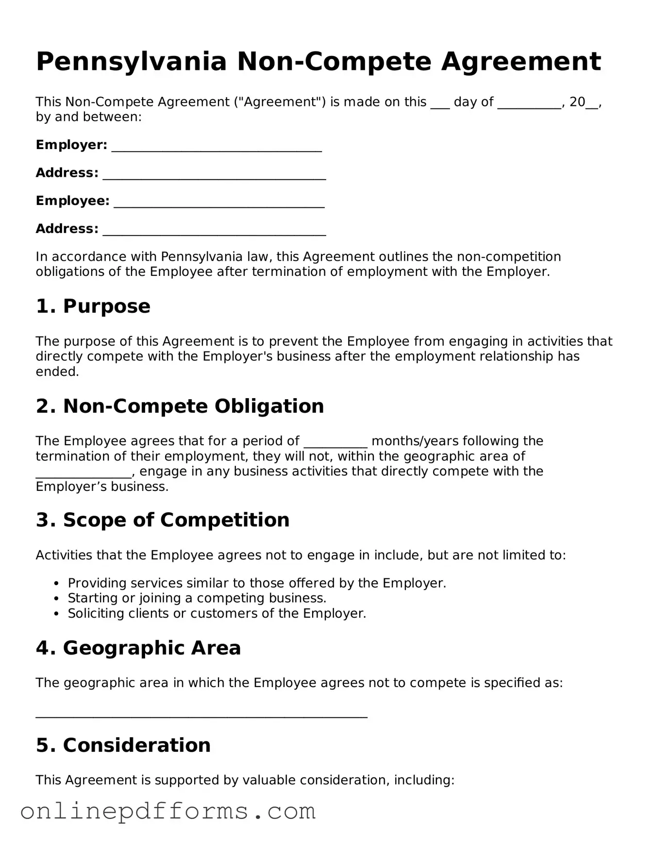 Blank Pennsylvania Non-compete Agreement Form
