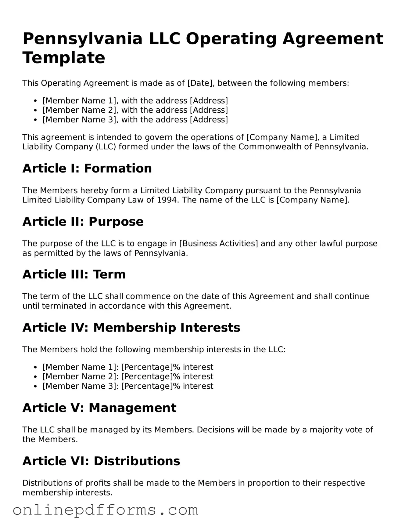 Blank Pennsylvania Operating Agreement Form