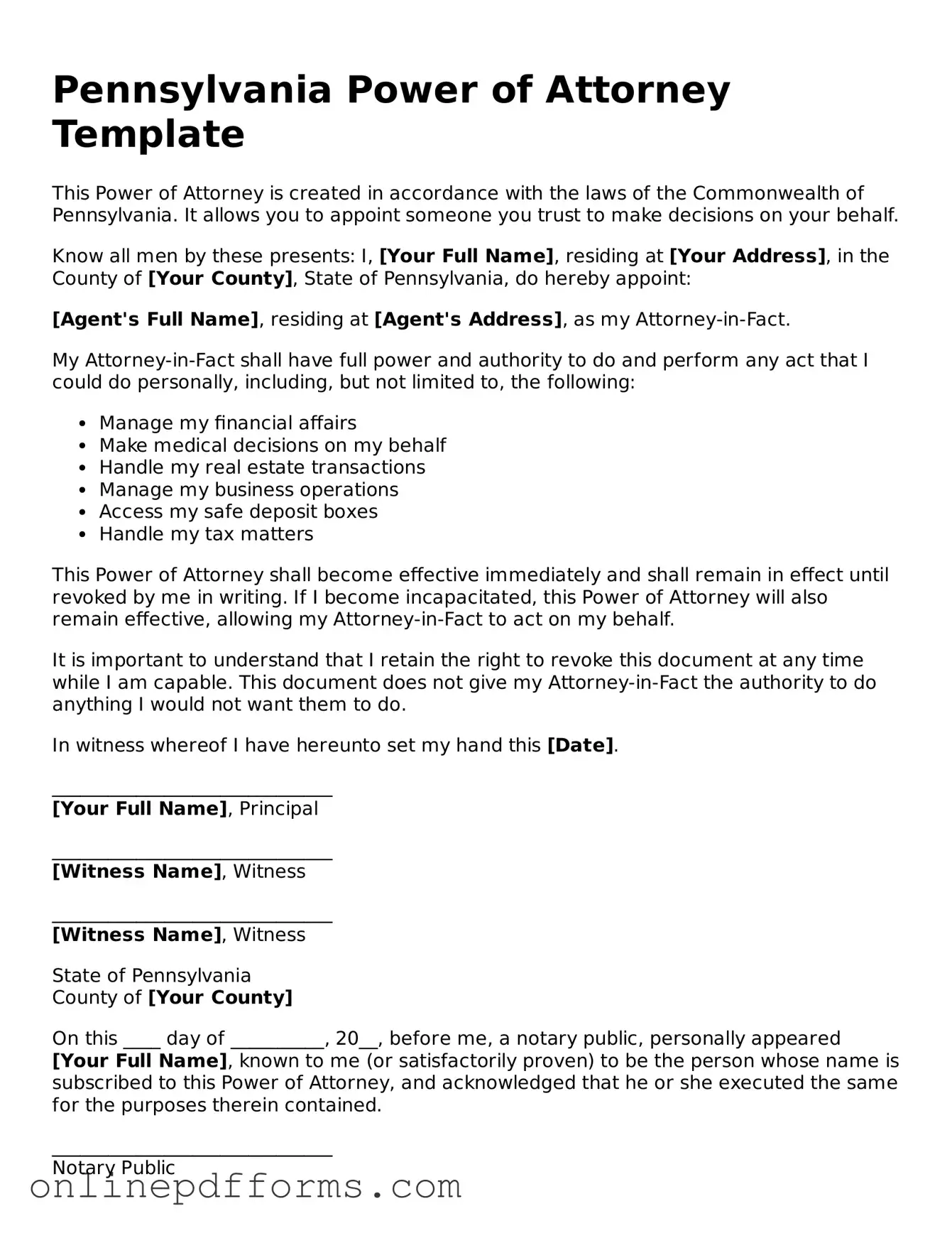 Blank Pennsylvania Power of Attorney Form