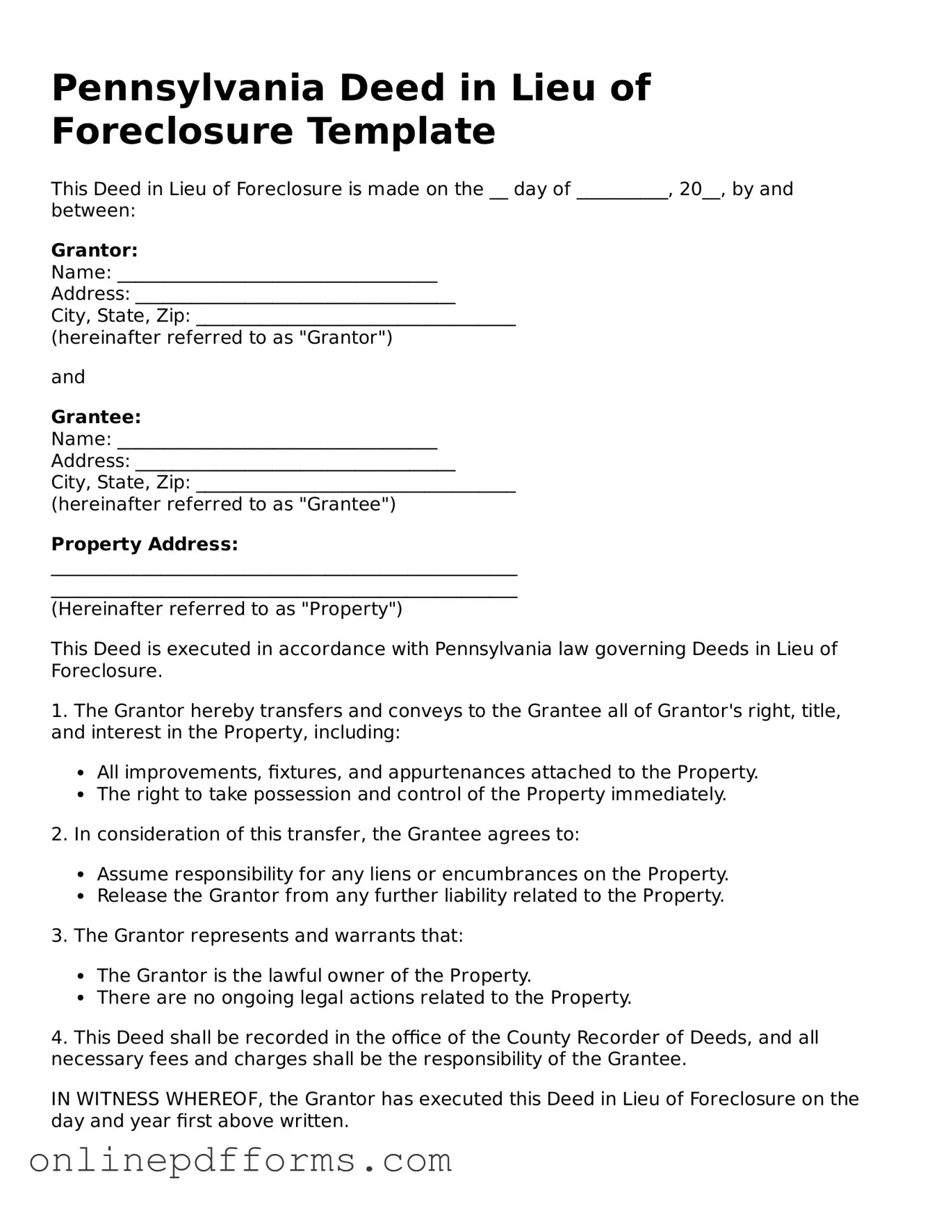 Blank Pennsylvania Deed in Lieu of Foreclosure Form