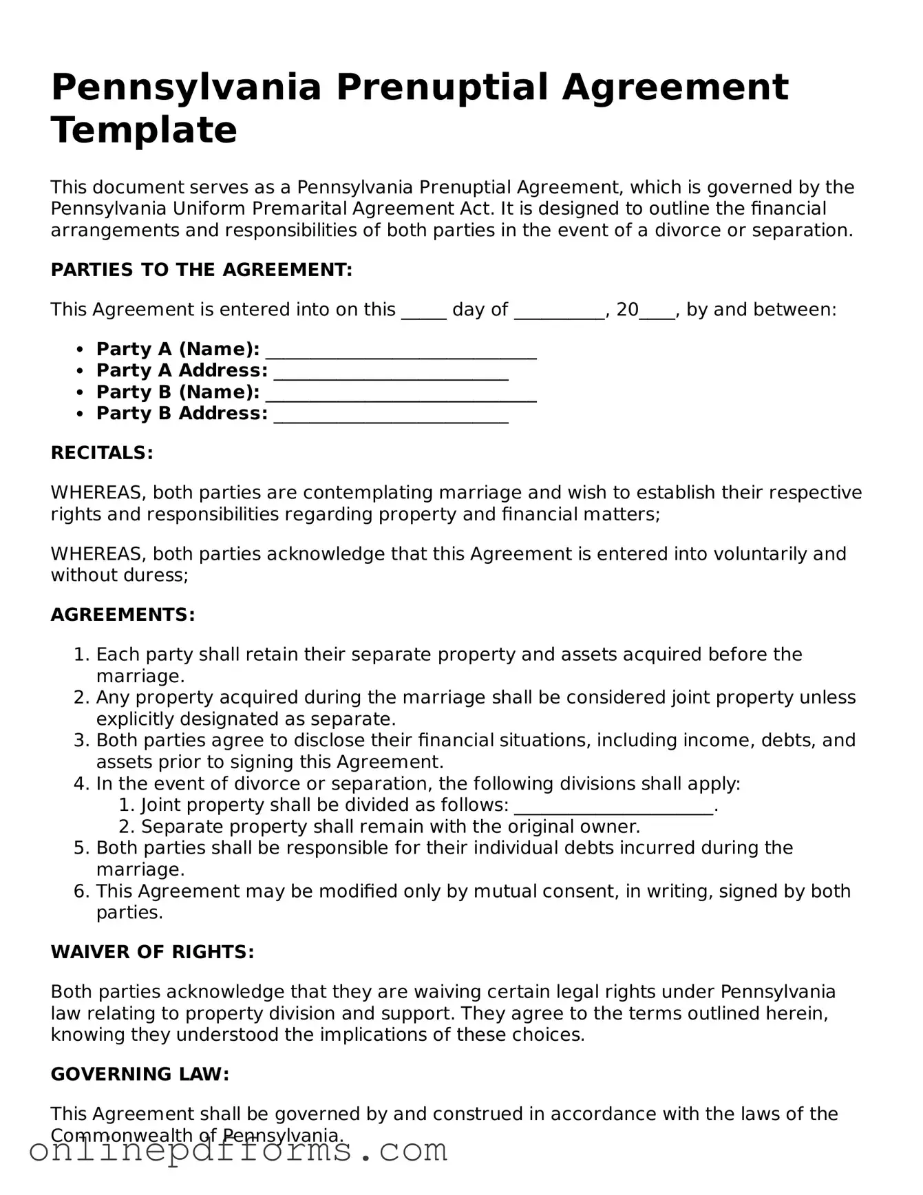 Blank Pennsylvania Prenuptial Agreement Form