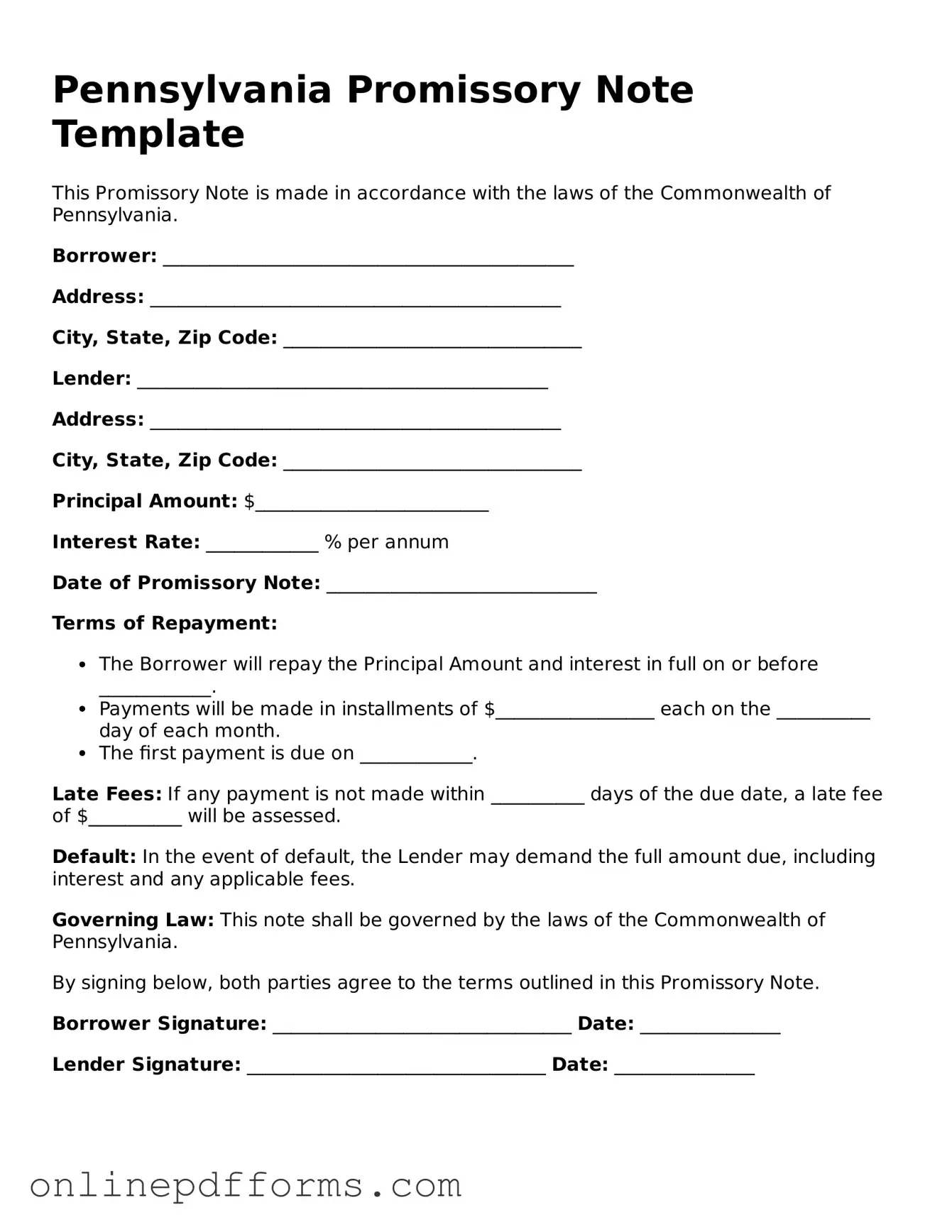 Blank Pennsylvania Promissory Note Form