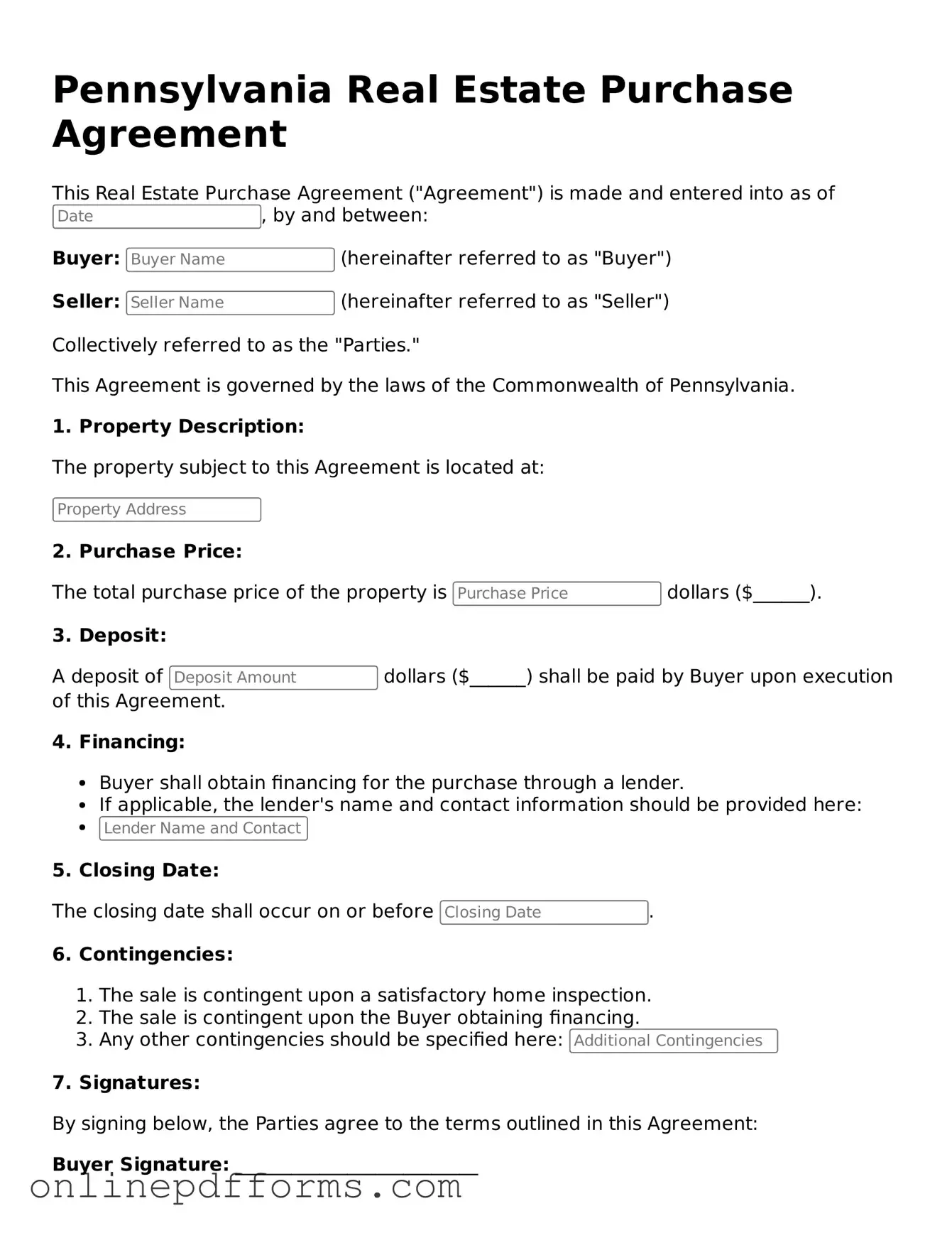 Blank Pennsylvania Real Estate Purchase Agreement Form
