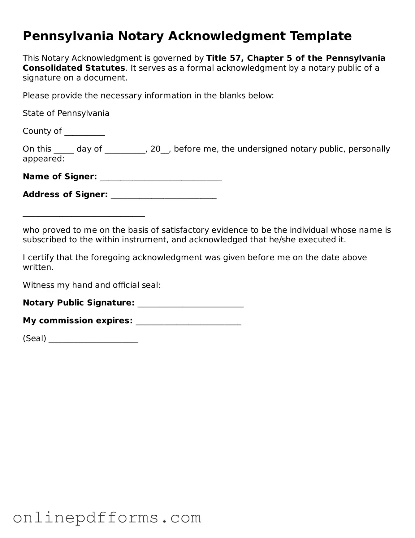 Blank Pennsylvania Notary Acknowledgement Form