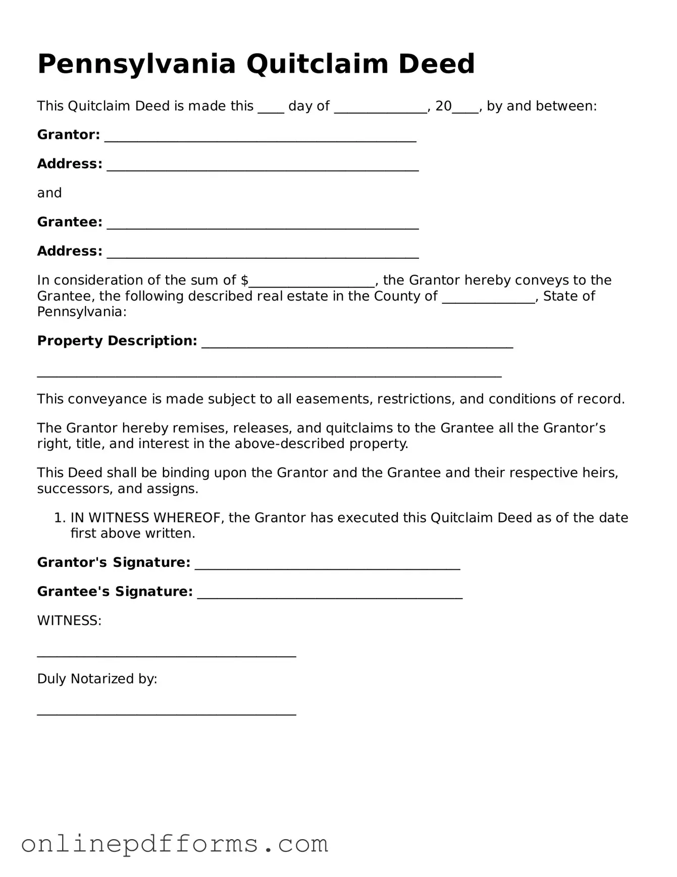 Blank Pennsylvania Quitclaim Deed Form