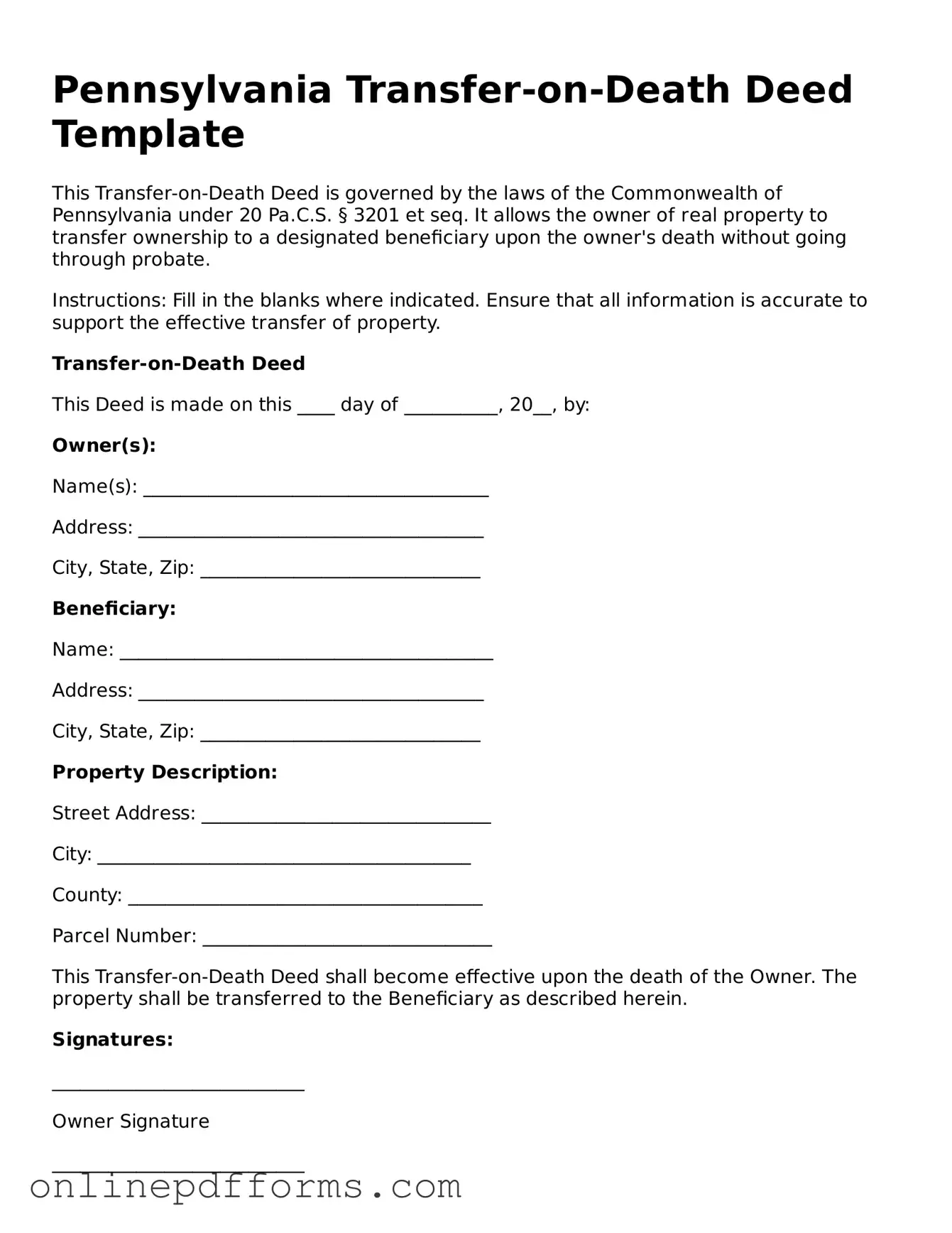 Blank Pennsylvania Transfer-on-Death Deed Form