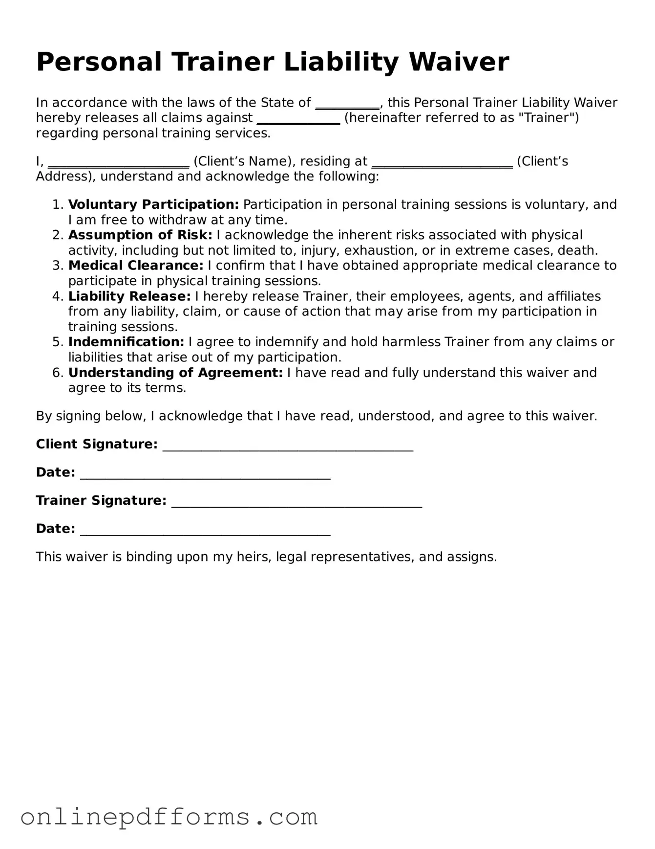 Legal Personal Trainer Liability Waiver Form