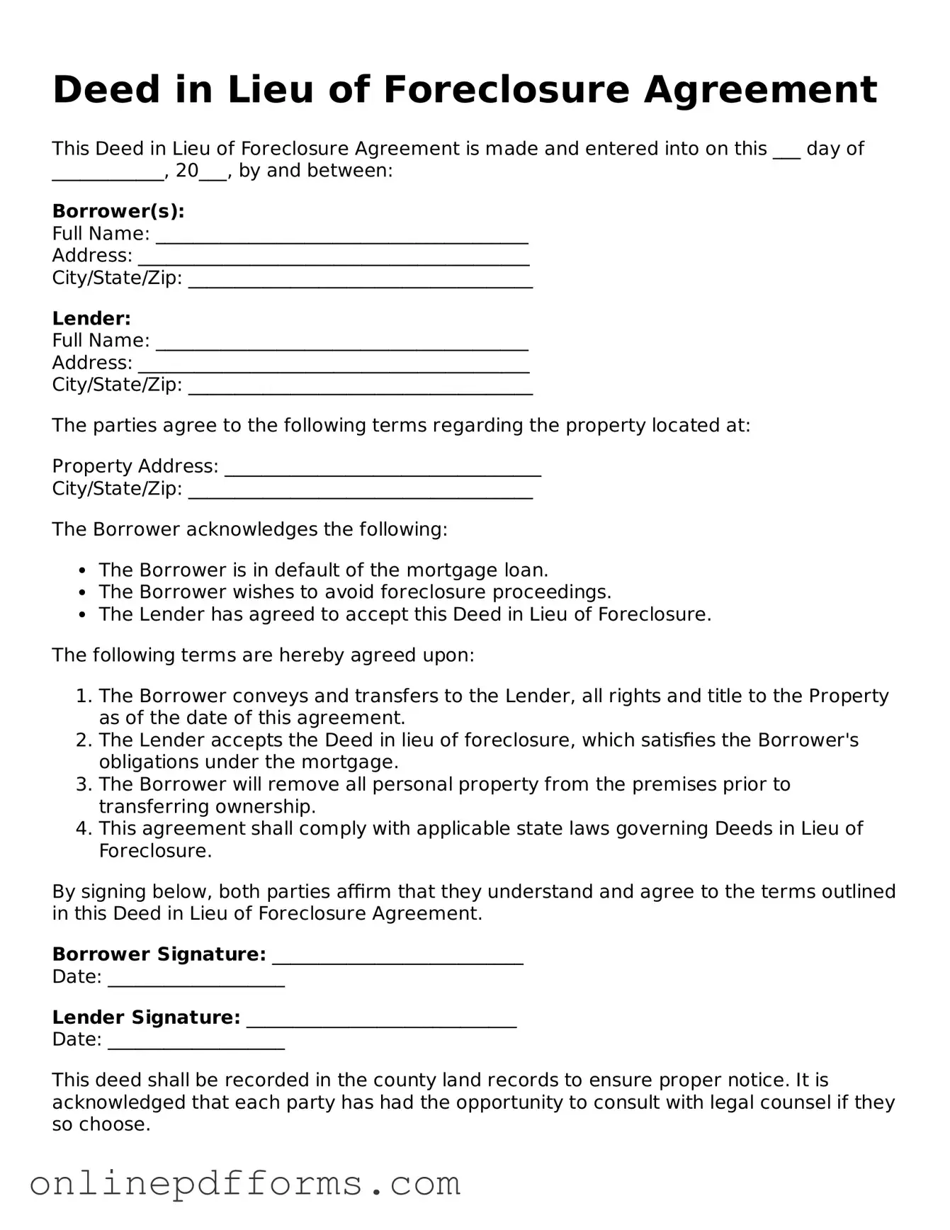 Legal Deed in Lieu of Foreclosure Form