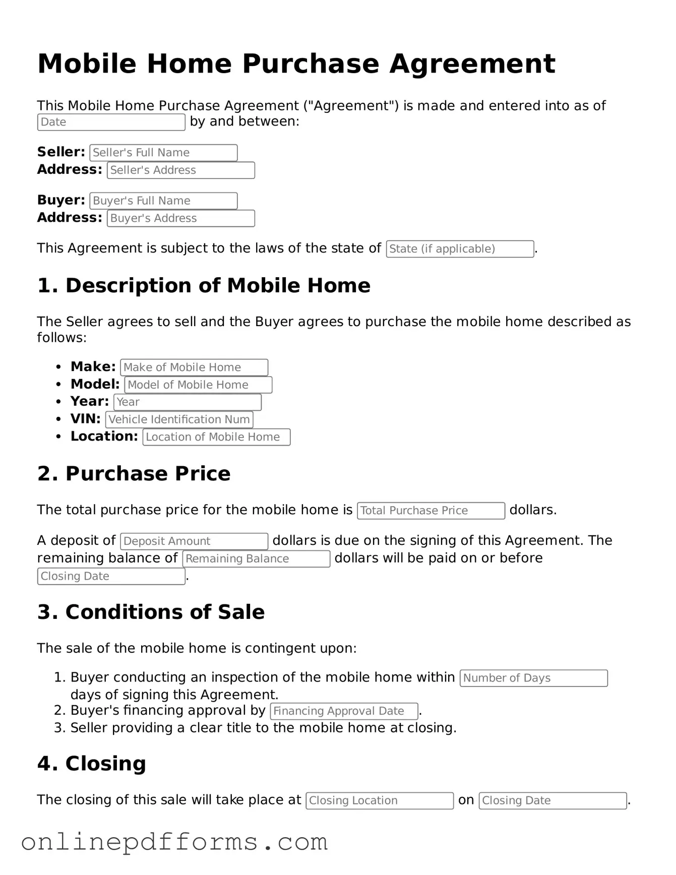 Legal Mobile Home Purchase Agreement Form