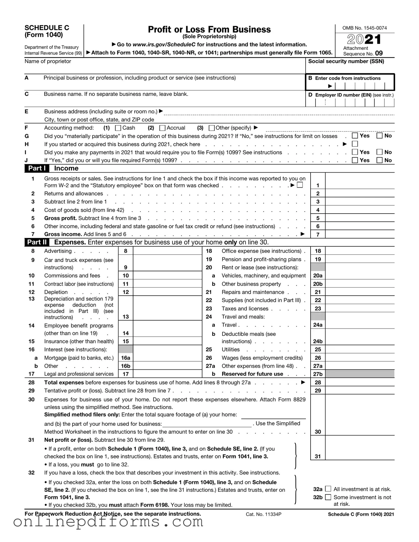 Fill in Your IRS Schedule C 1040 Template