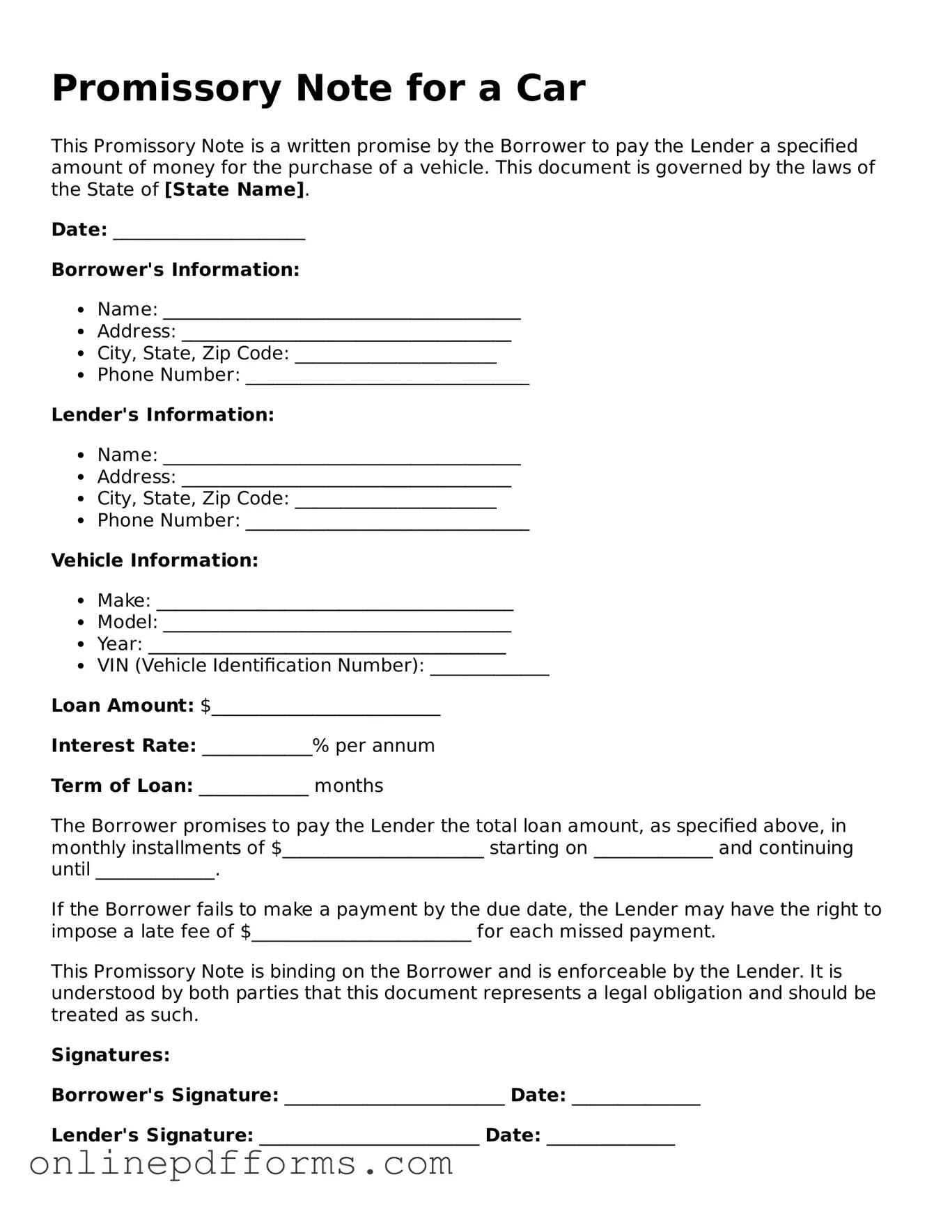 Legal Promissory Note for a Car Form