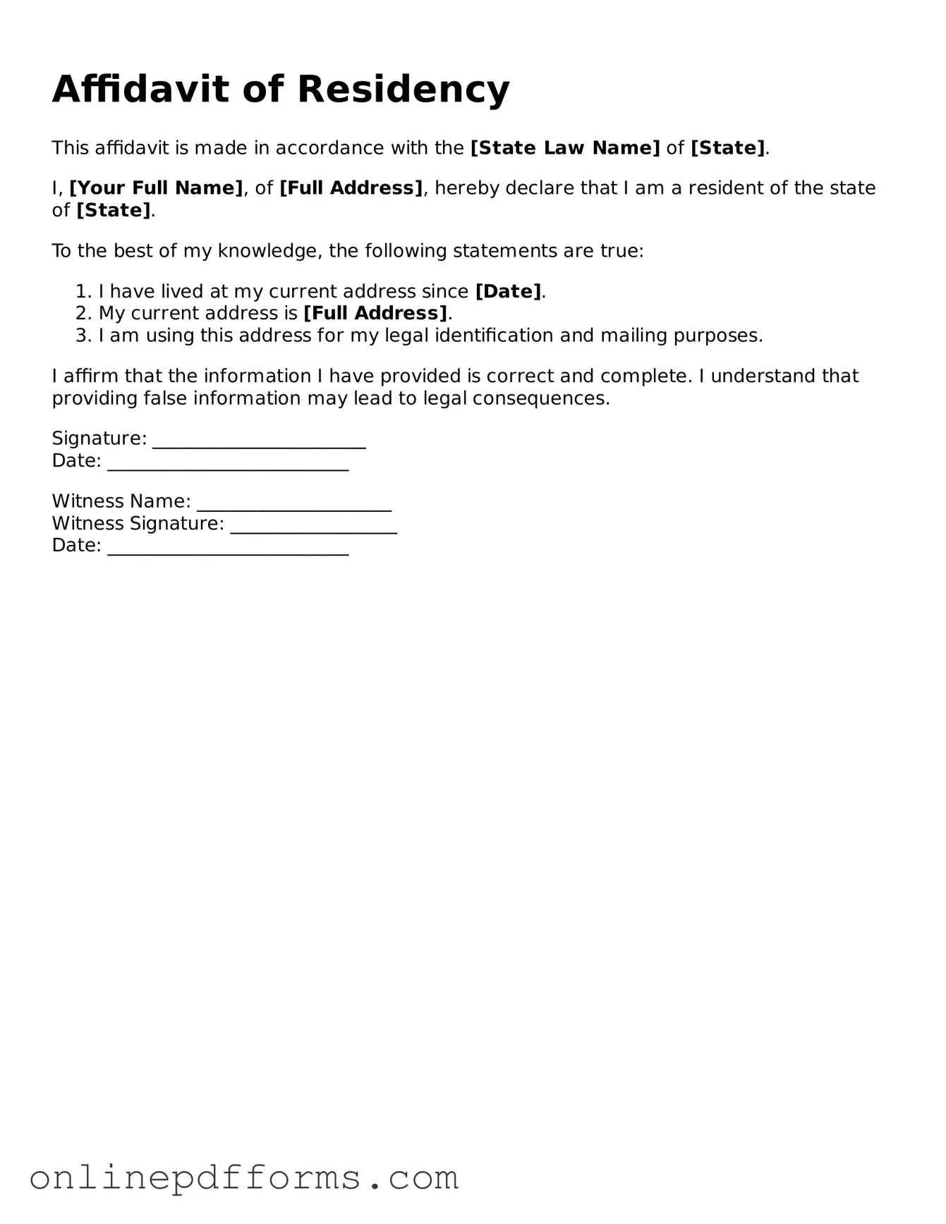 Legal Affidavit of Residency Form