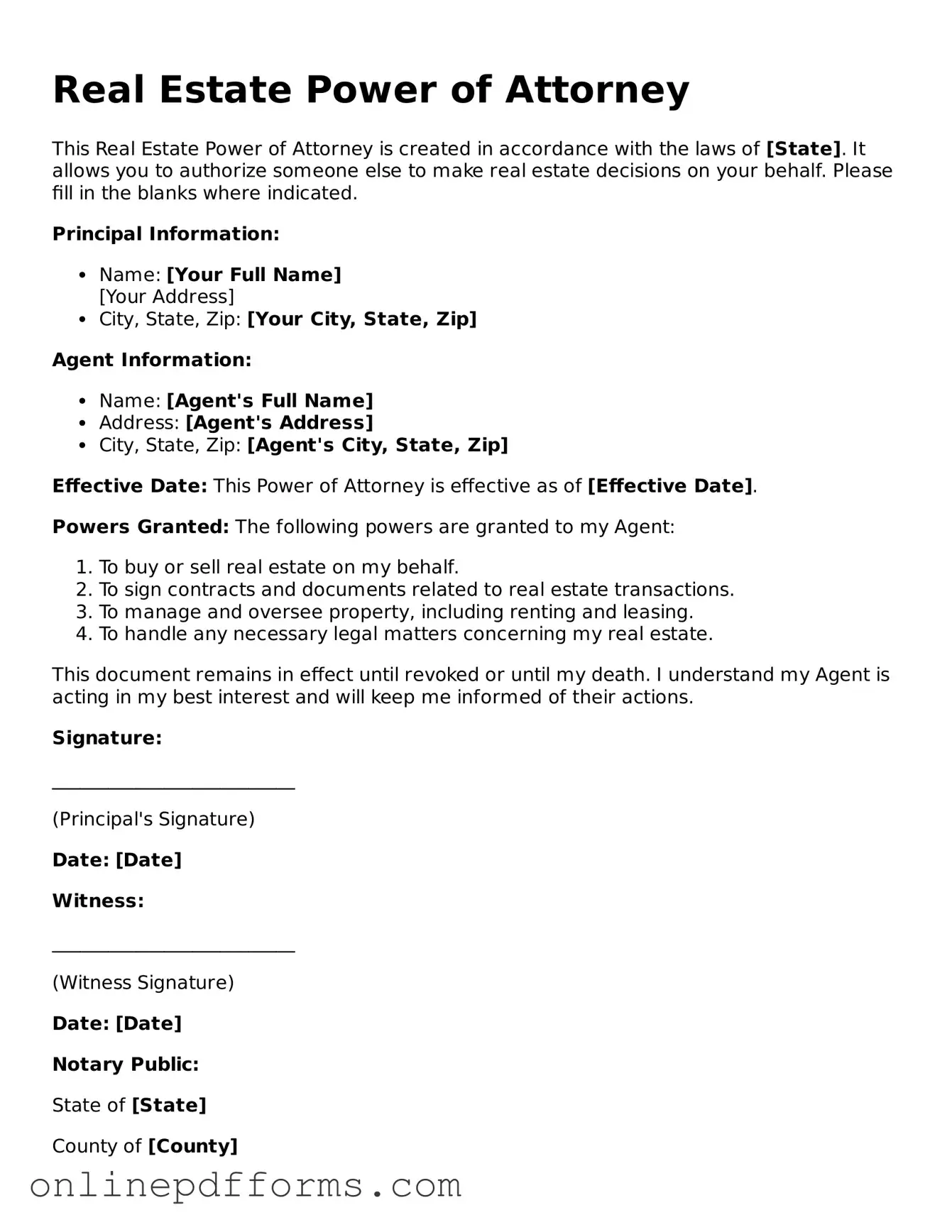 Legal Real Estate Power of Attorney Form