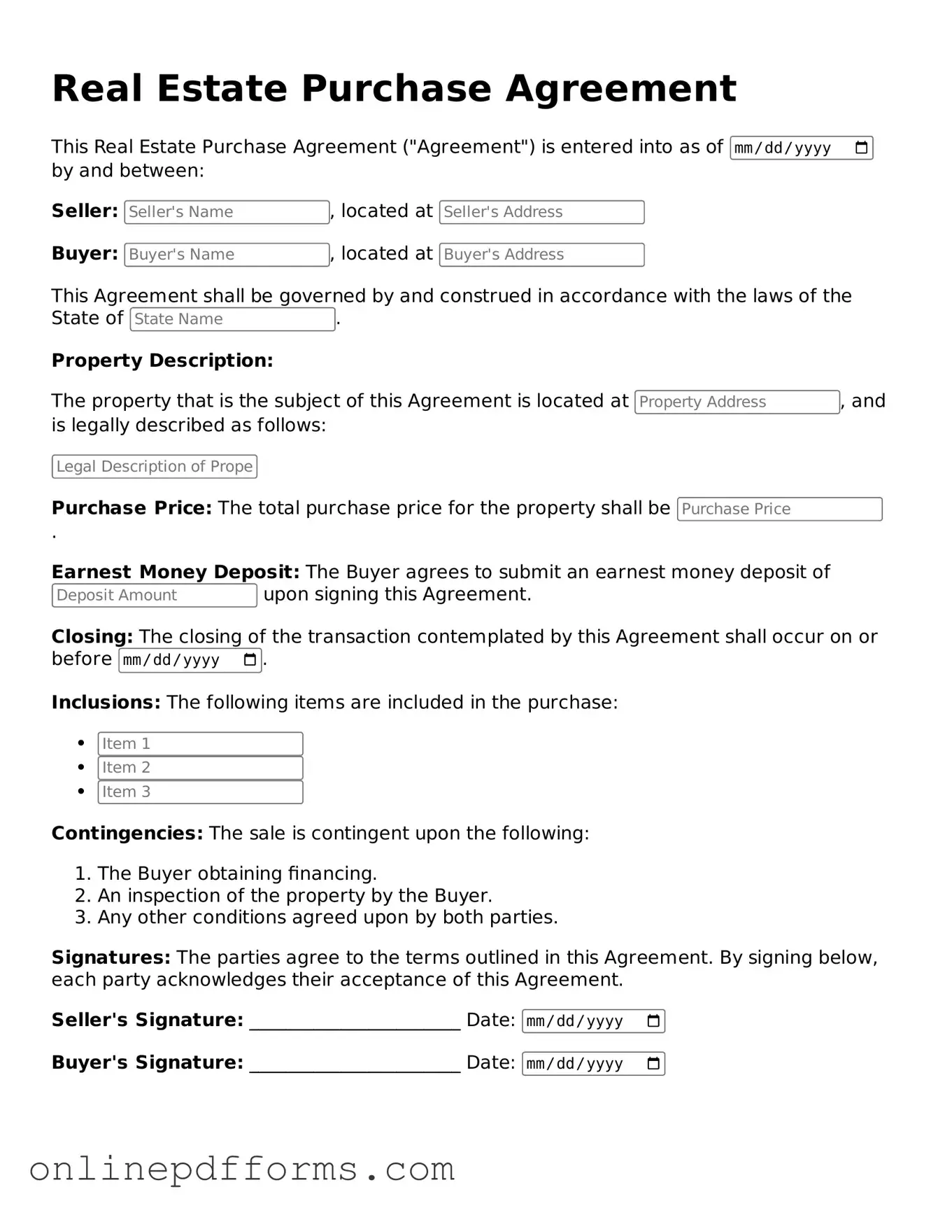 Legal Real Estate Purchase Agreement Form