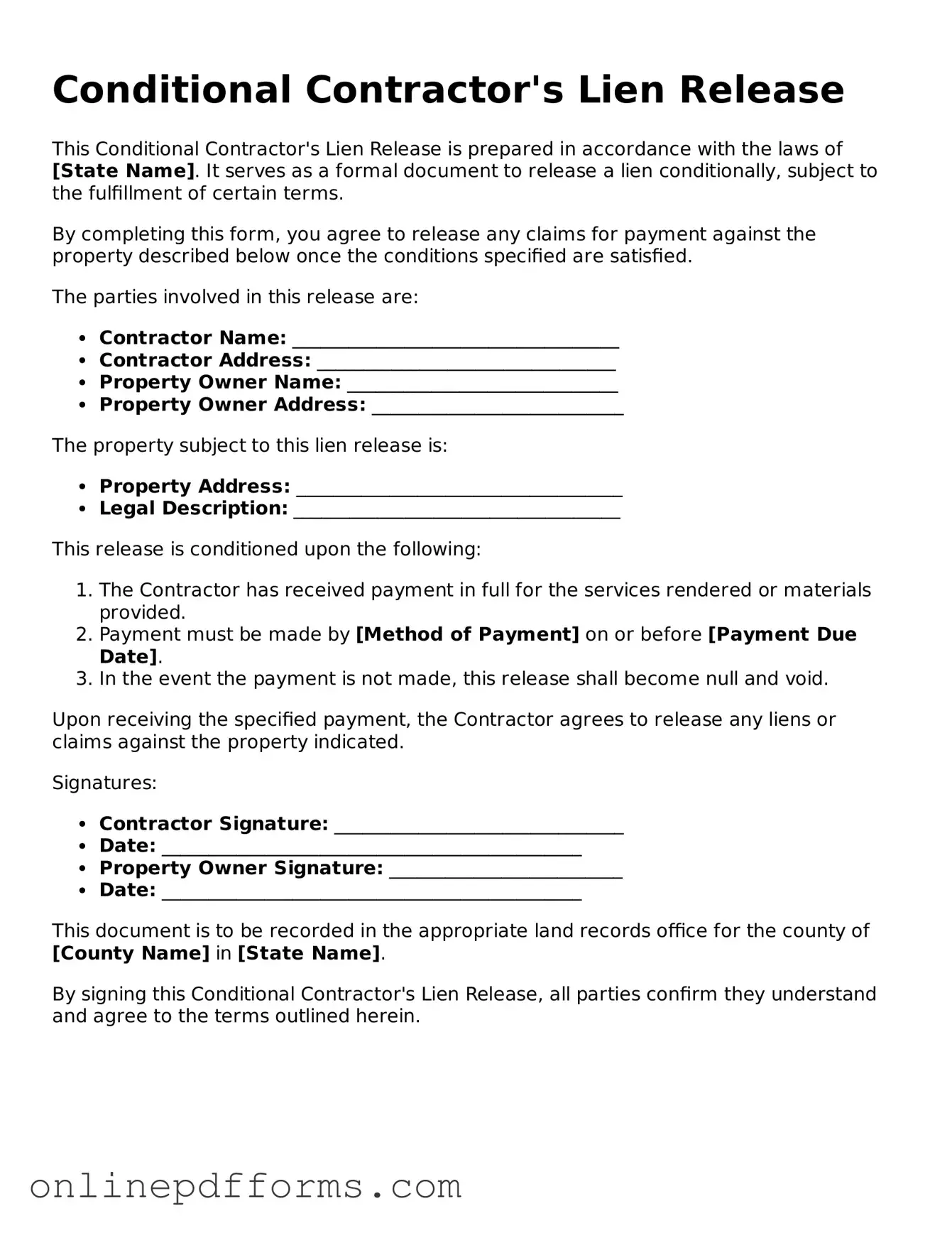 Legal Conditional Contractor’s Lien Release Form