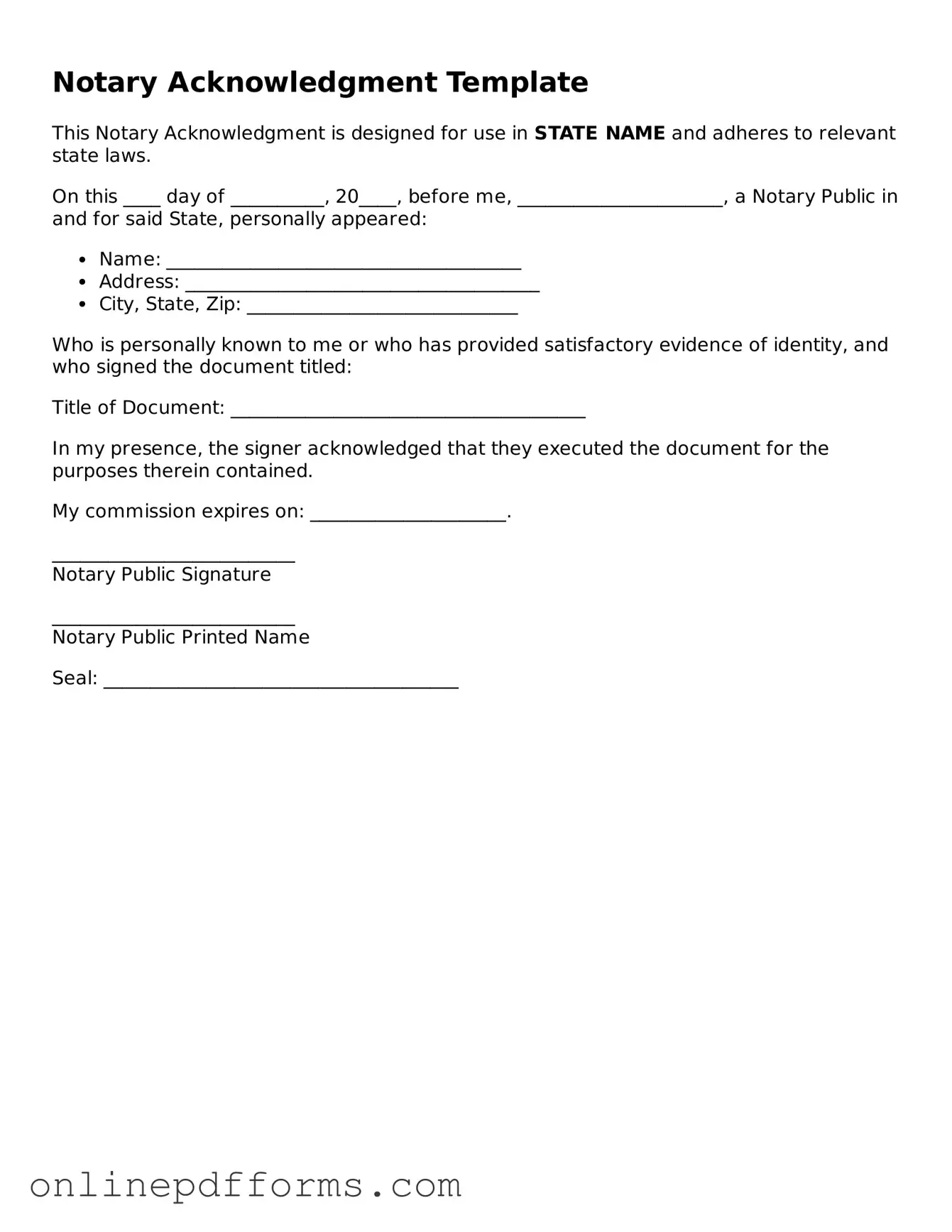 Legal Notary Acknowledgement Form