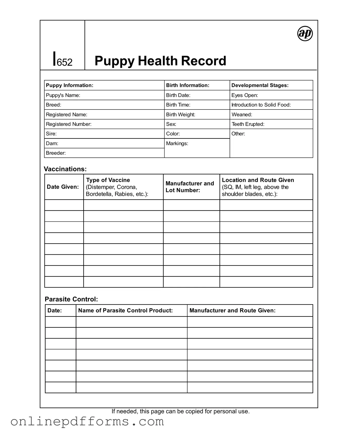 Fill in Your Puppy Health Record Template