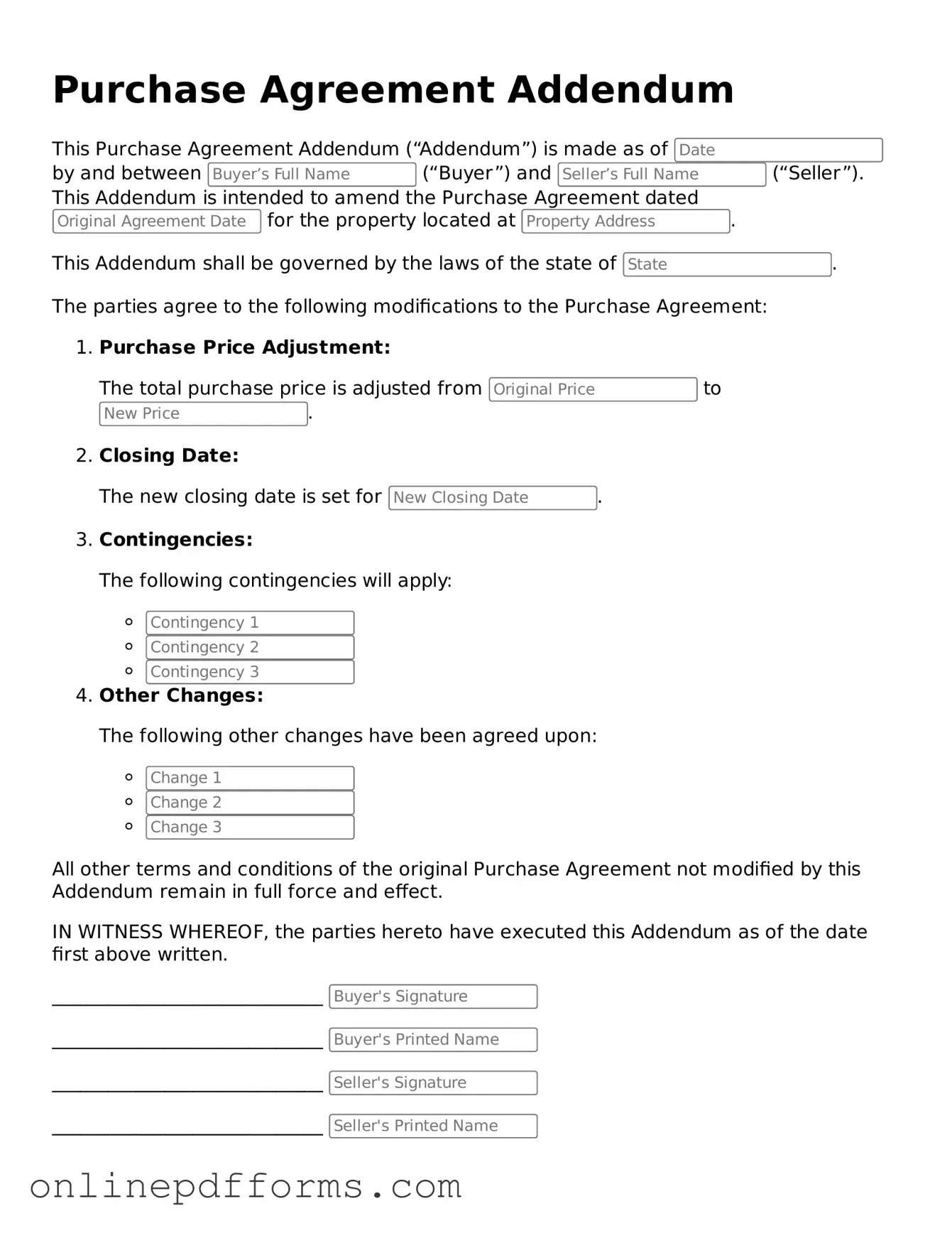 Legal Purchase Agreement Addendum Form
