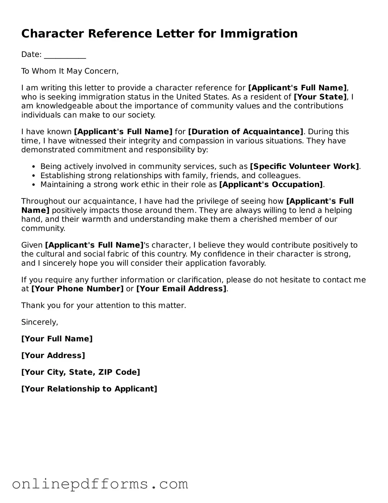Legal Character Reference Letter for Immigration Form