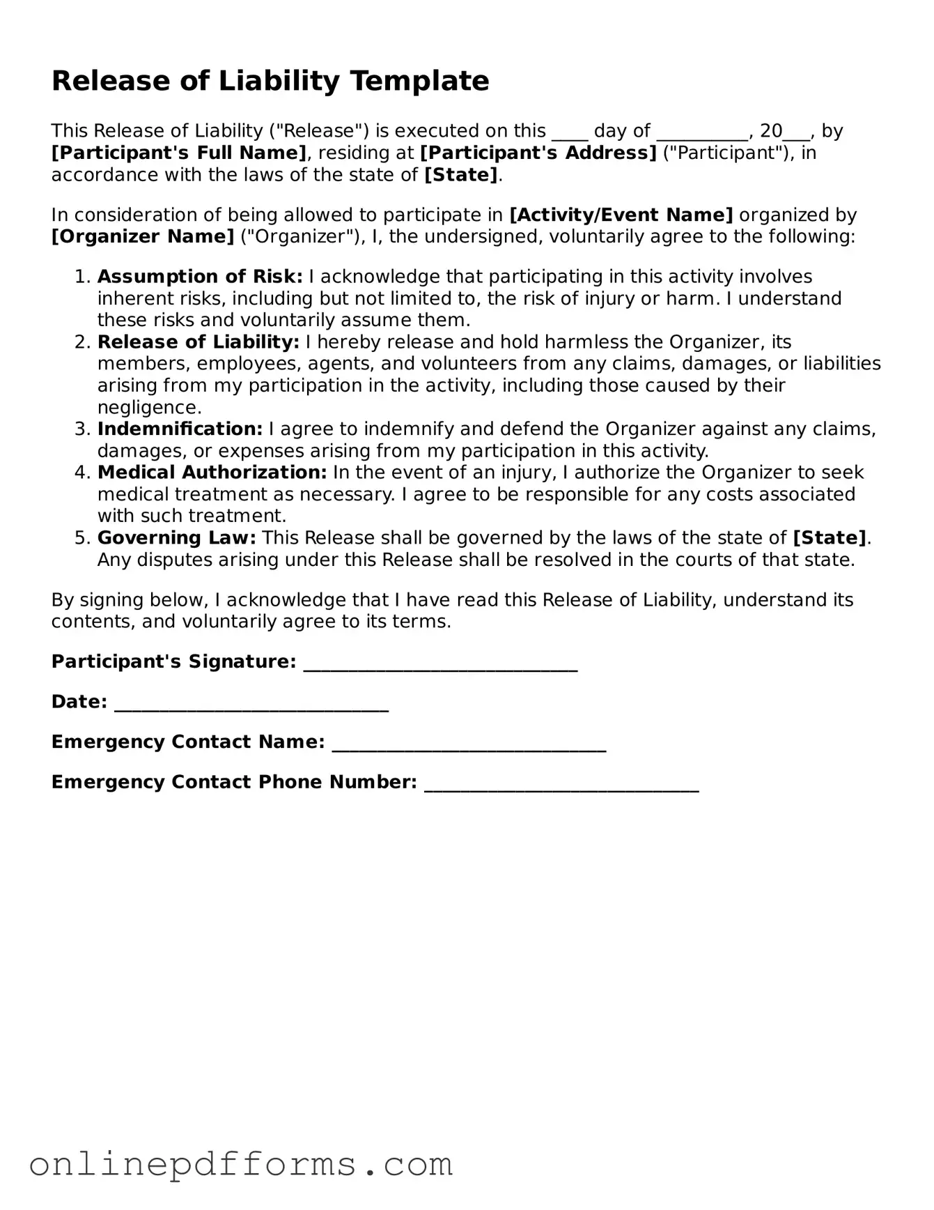Legal Release of Liability Form