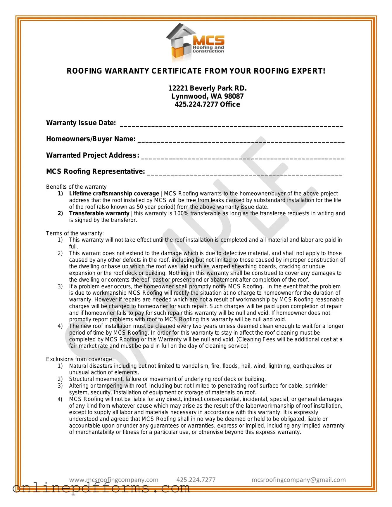 Fill in Your Roofing Warranty Certificate Template