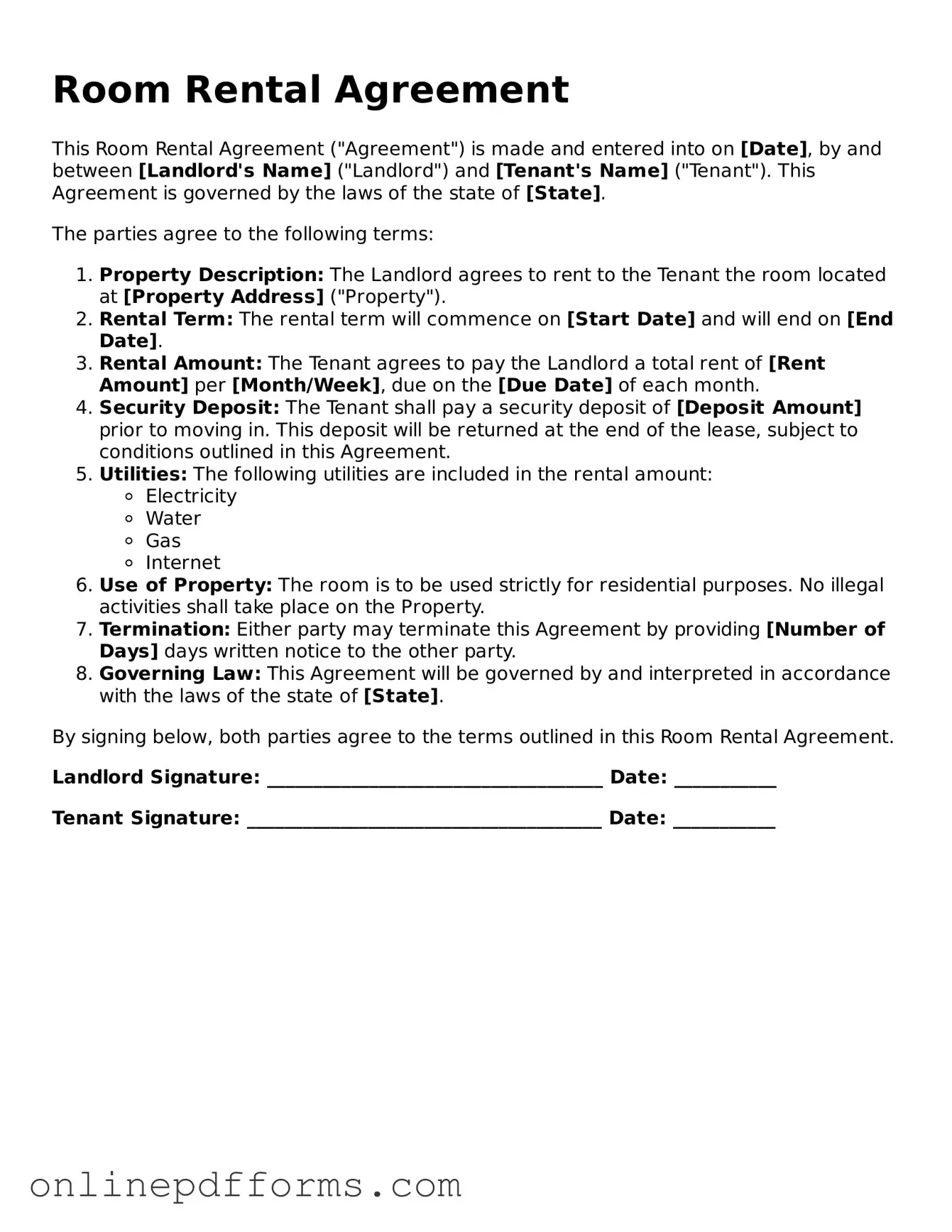 Legal Room Rental Agreement Form