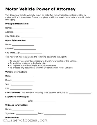 Legal Motor Vehicle Power of Attorney Form
